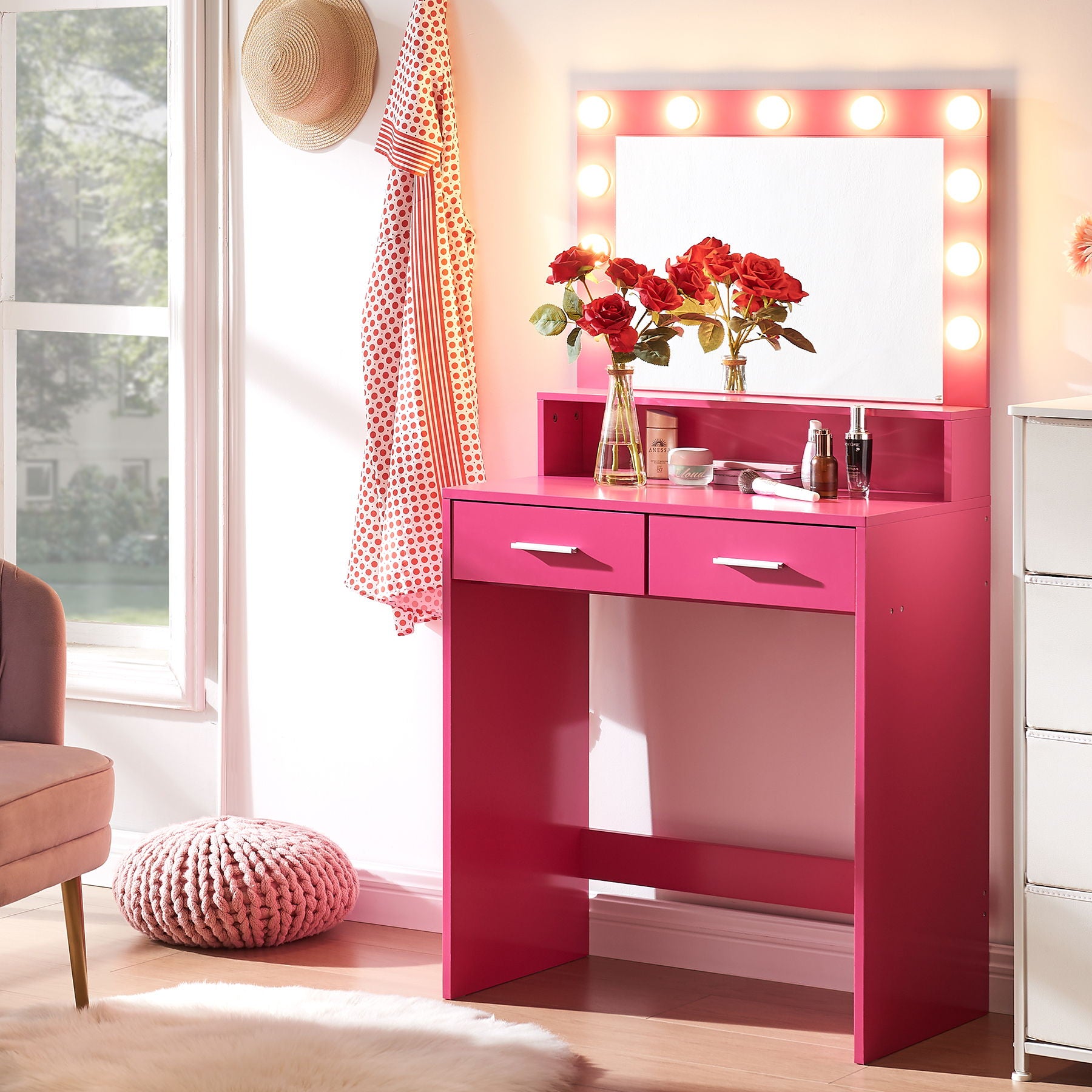 Vanity Desk With Mirror And Lights, Dressing Table With Large Drawer, 2 Level Storage Dresser & 3 Lighting Modes Adjustable Brightness, Suitable For Bedroom