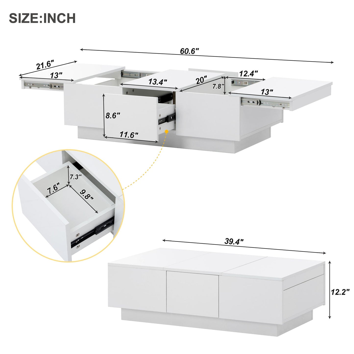 Coffee Table with 2 large Hidden Storage Compartment, Extendable Cocktail Table with 2 Drawers, High-gloss Center Table with Sliding Top for Living Room, 39.3"x21.6", White