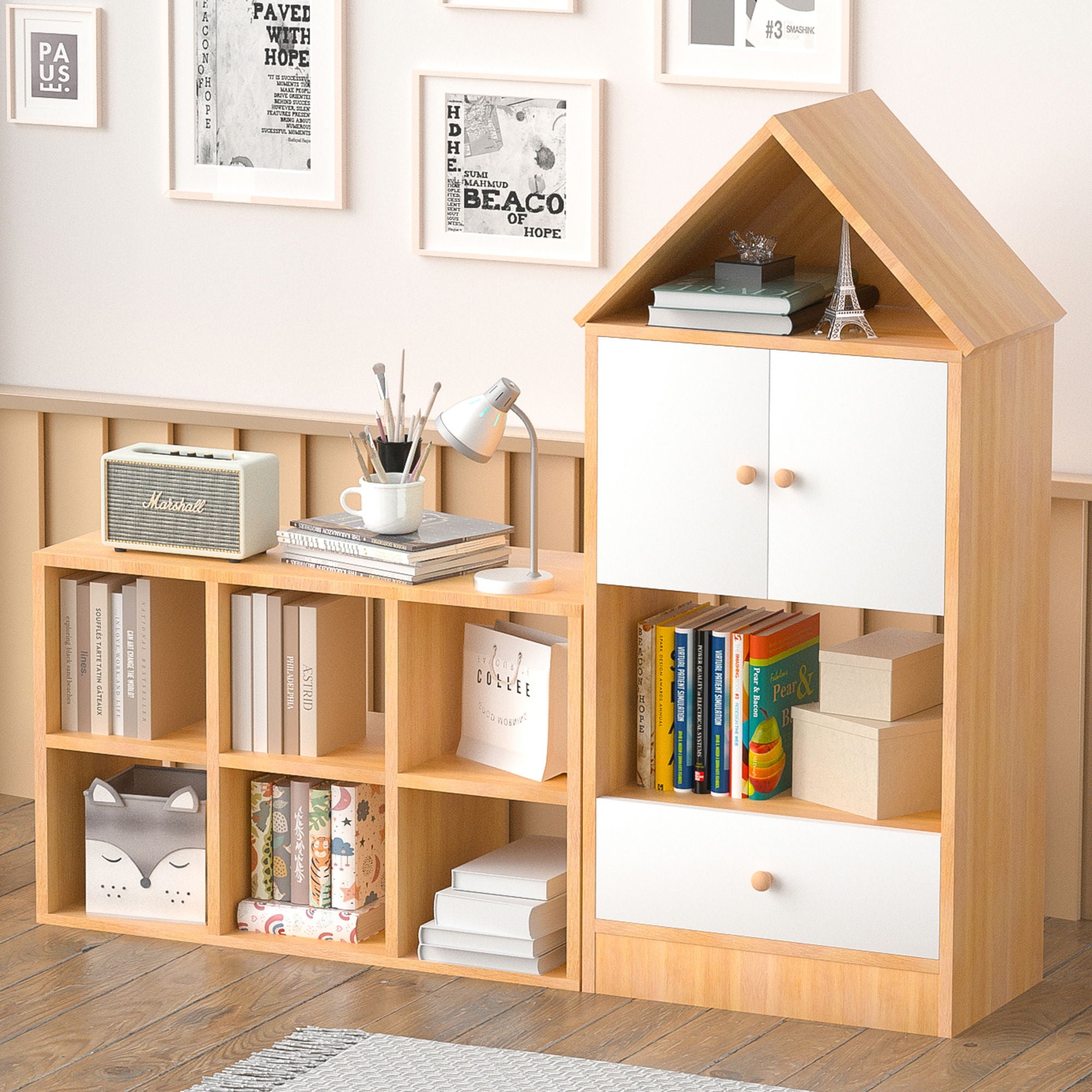 Versatile Children's Bookshelf With House Shaped Design, Multi Functional Storage
