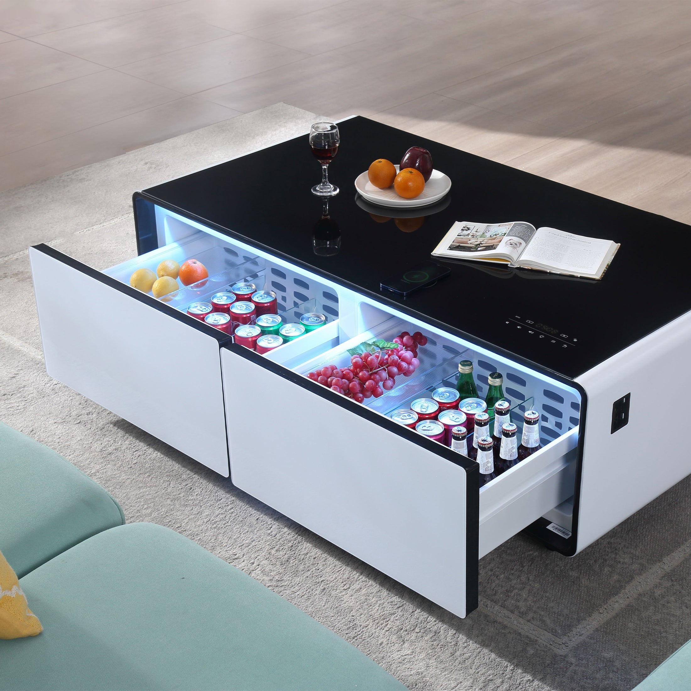 Modern Smart Coffee Table with Built-in Fridge, Bluetooth Speaker, Wireless Charging Module, Touch Control Panel, Power Socket, USB Interface, Outlet Protection, Atmosphere light, White