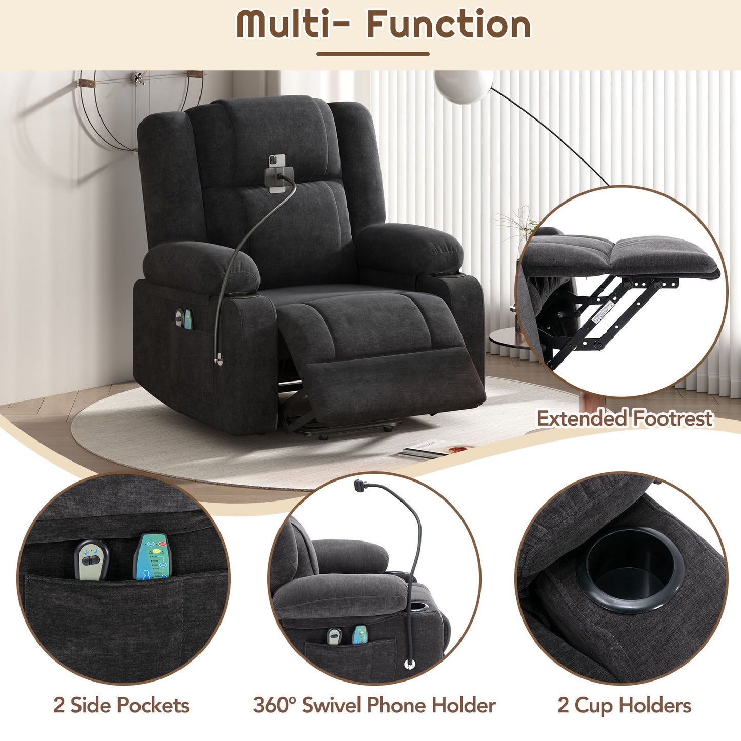 Power Lift Recliner Chair Electric Recliner for Elderly Recliner Chair with Massage and Heating Functions, Remote, Phone Holder Side Pockets and Cup Holders for Living Room, Black