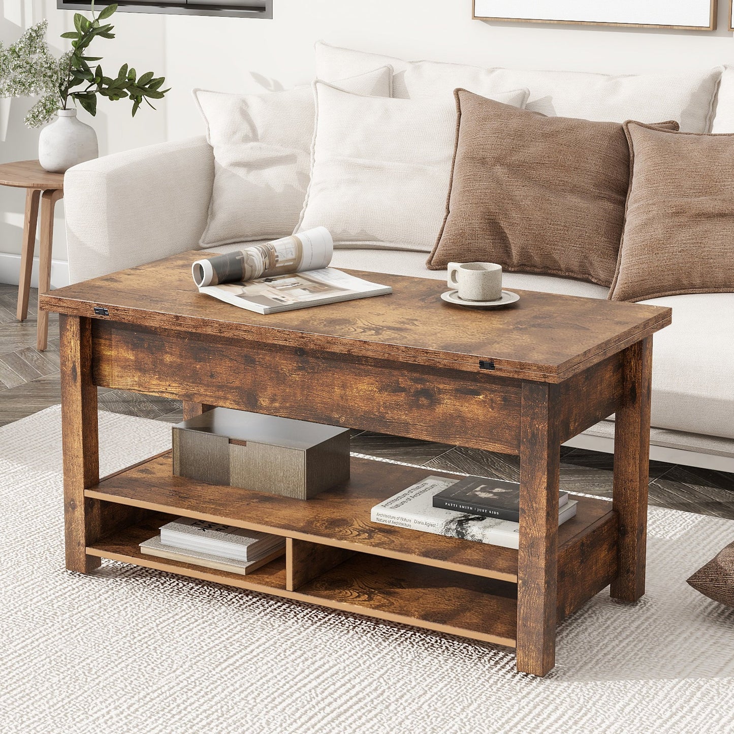 Lift Top Coffee Table, Multi-Functional Coffee Table with Open Shelves, Modern Lift Tabletop Dining Table for Living Room, Home Office, Rustic Brown