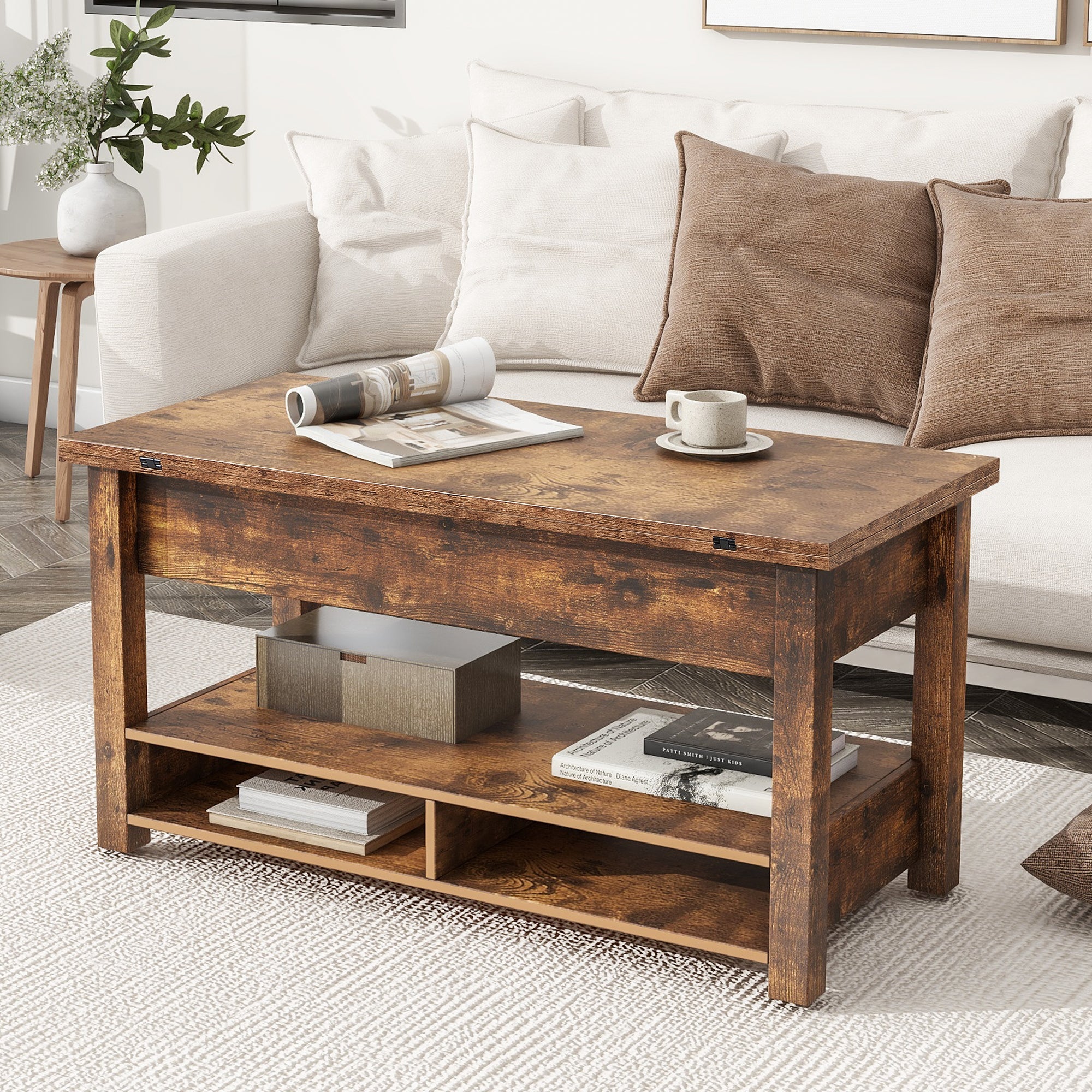 Lift Top Coffee Table, Multi-Functional Coffee Table with Open Shelves, Modern Lift Tabletop Dining Table for Living Room, Home Office, Rustic Brown