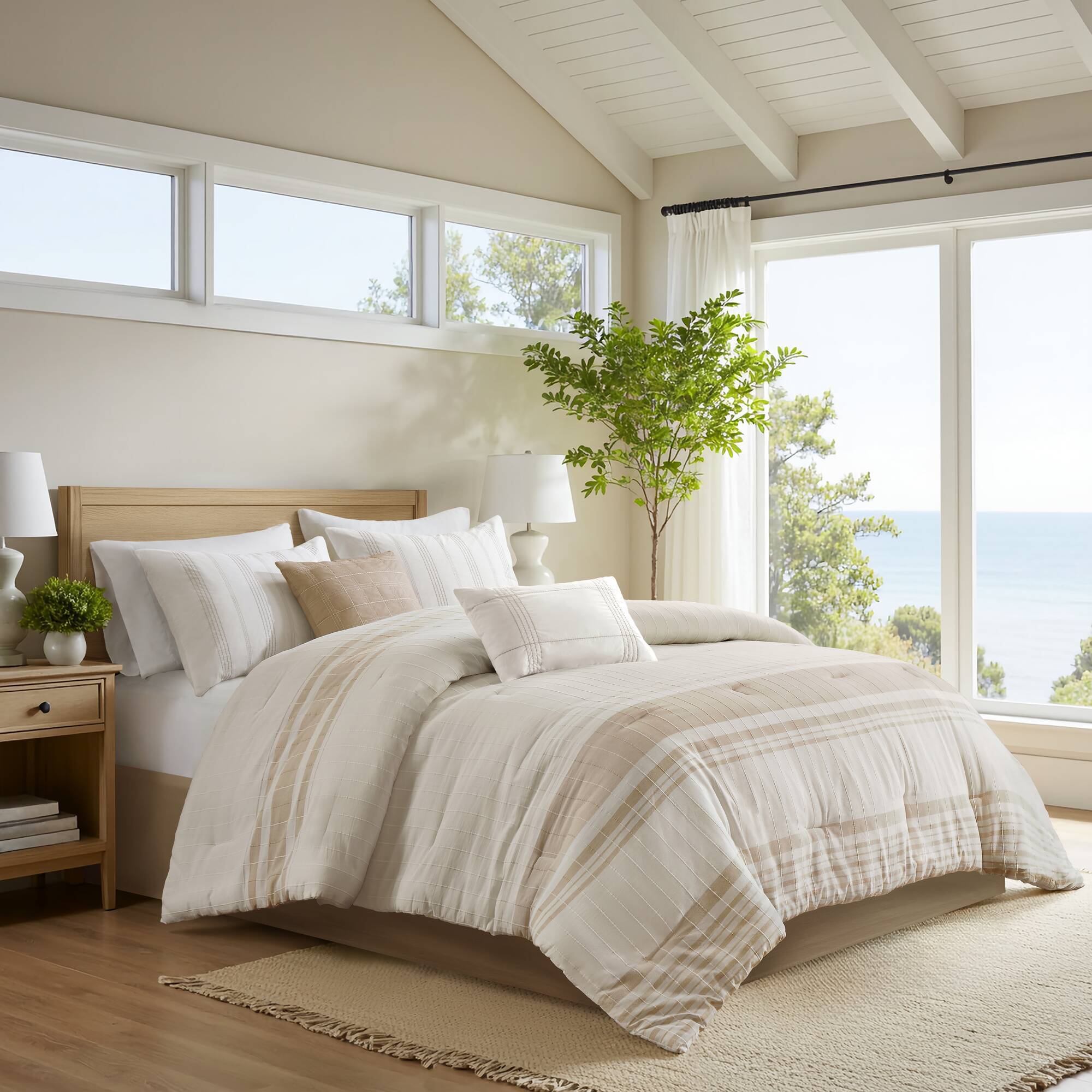 Morgan - 6 Piece King Cotton Jacquard Oversized Comforter Set - Ivory / Taupe