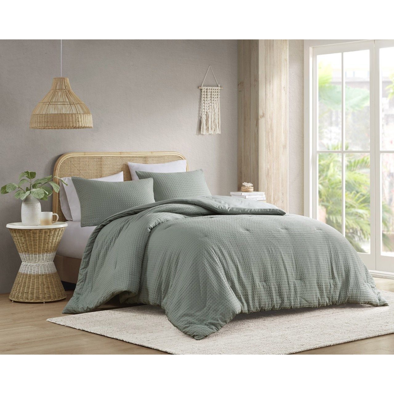 Mina - King/California King Waffle Weave Textured Comforter Set - Sage Green