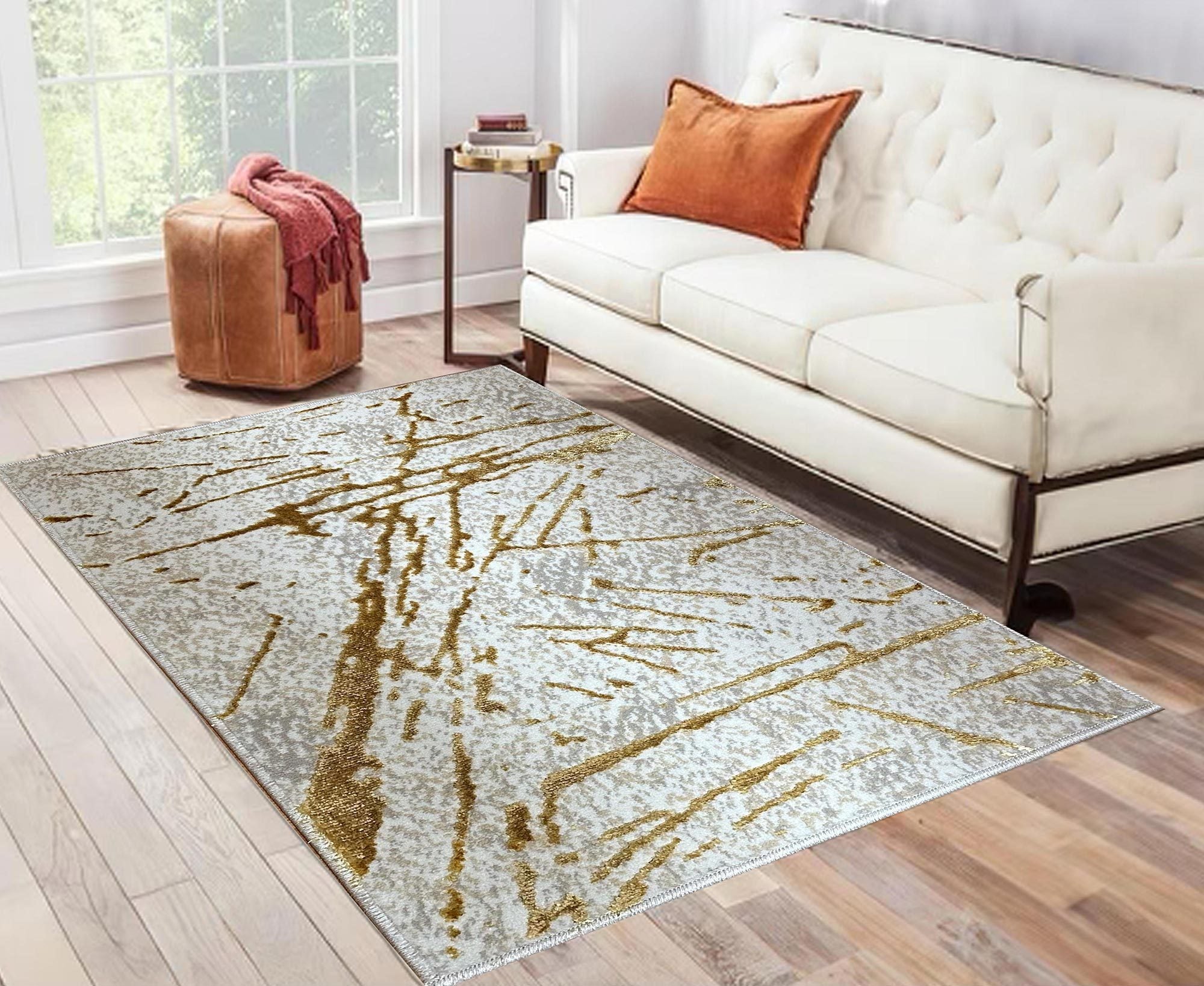 Shifra Luxury Area Rug in Beige and Gray with Gold Abstract Design