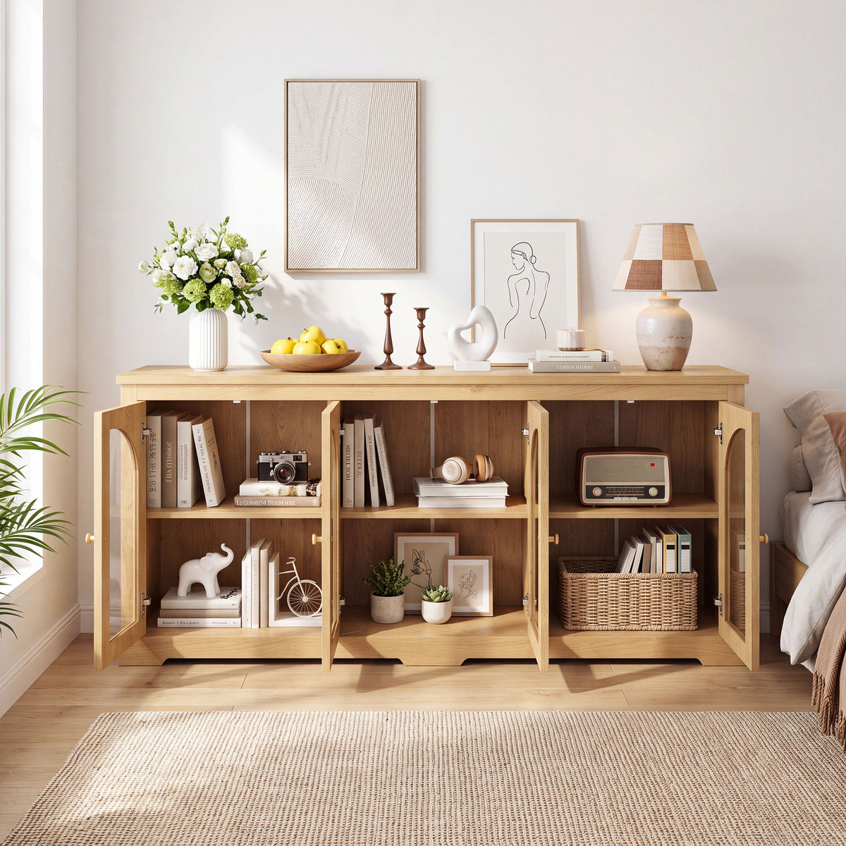 Modern Arched Glass Sideboard With 6 Doors, Buffet Cabinet With Storage And Adjustable Shelves