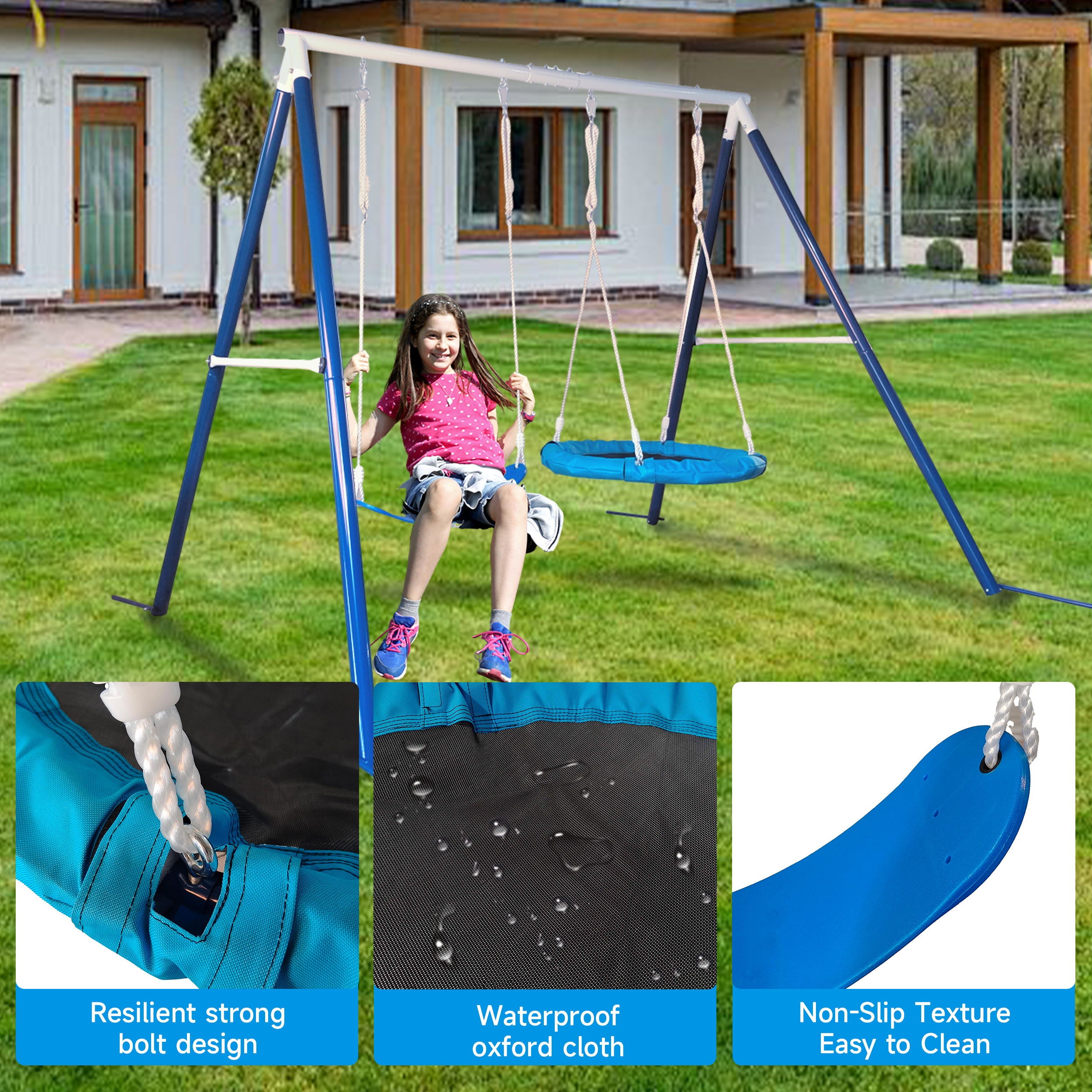 Kids Metal Swing Set For Backyard Outdoor Playground Two Functional Swing Set For Kids Outdoor Equipment - Antique Blue