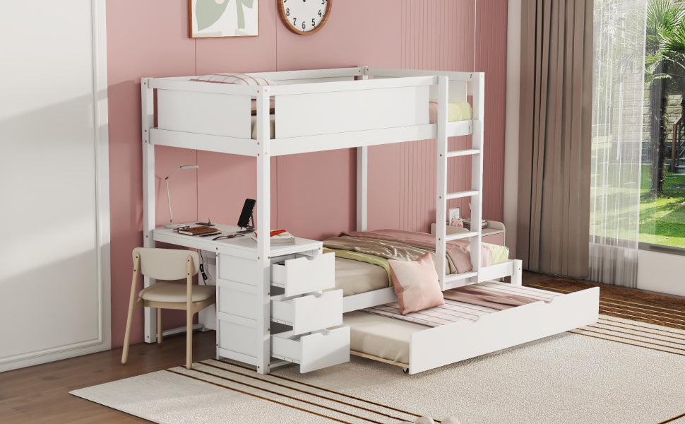 Twin-Over-Twin Bunk Bed with Twin size Trundle, Storage and Desk, White