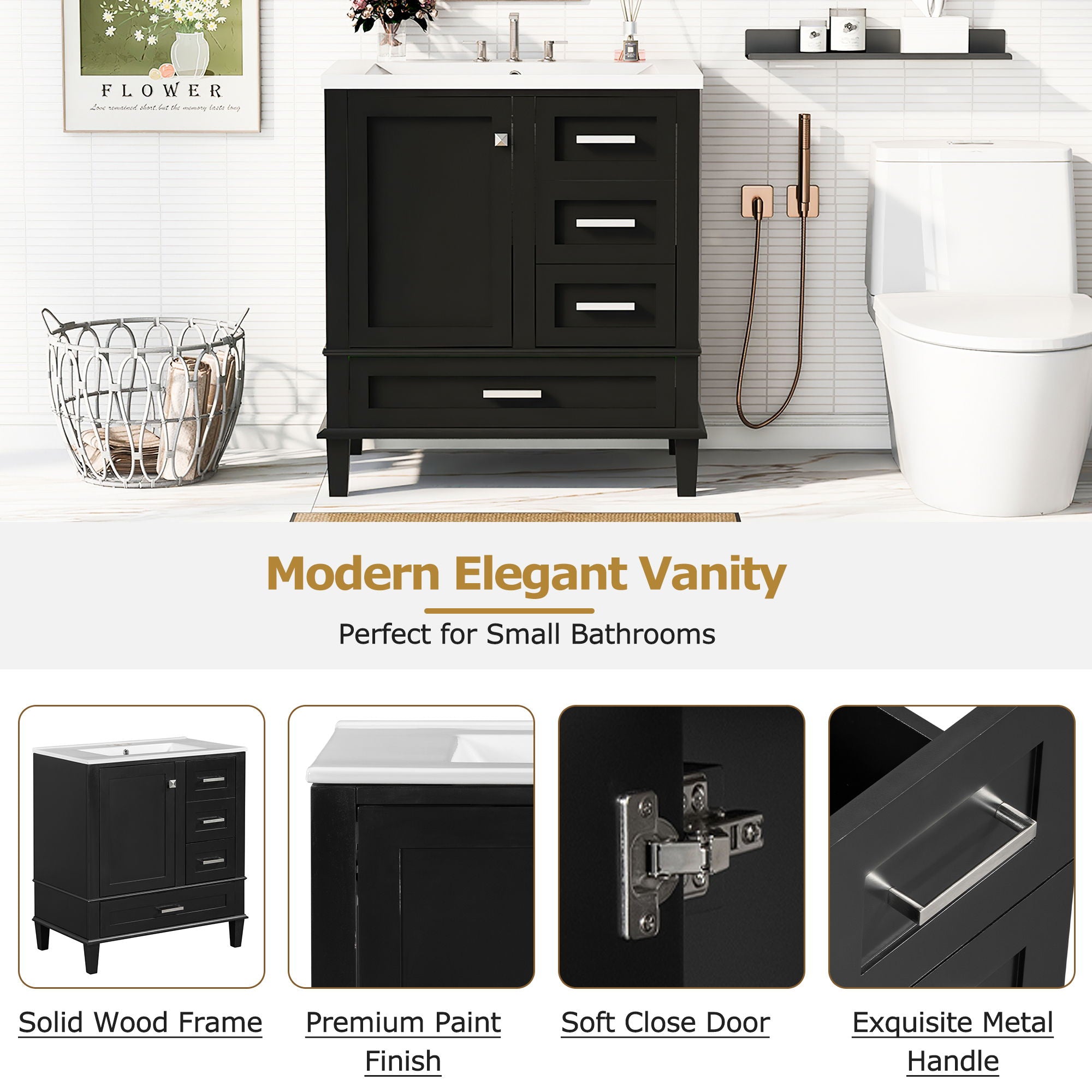 Bathroom Vanity, Modern Bathroom Cabinet With Sink Combo Set, Bathroom Storage Cabinet With A Soft Closing Door And 3 Drawers, Solid Wood Frame