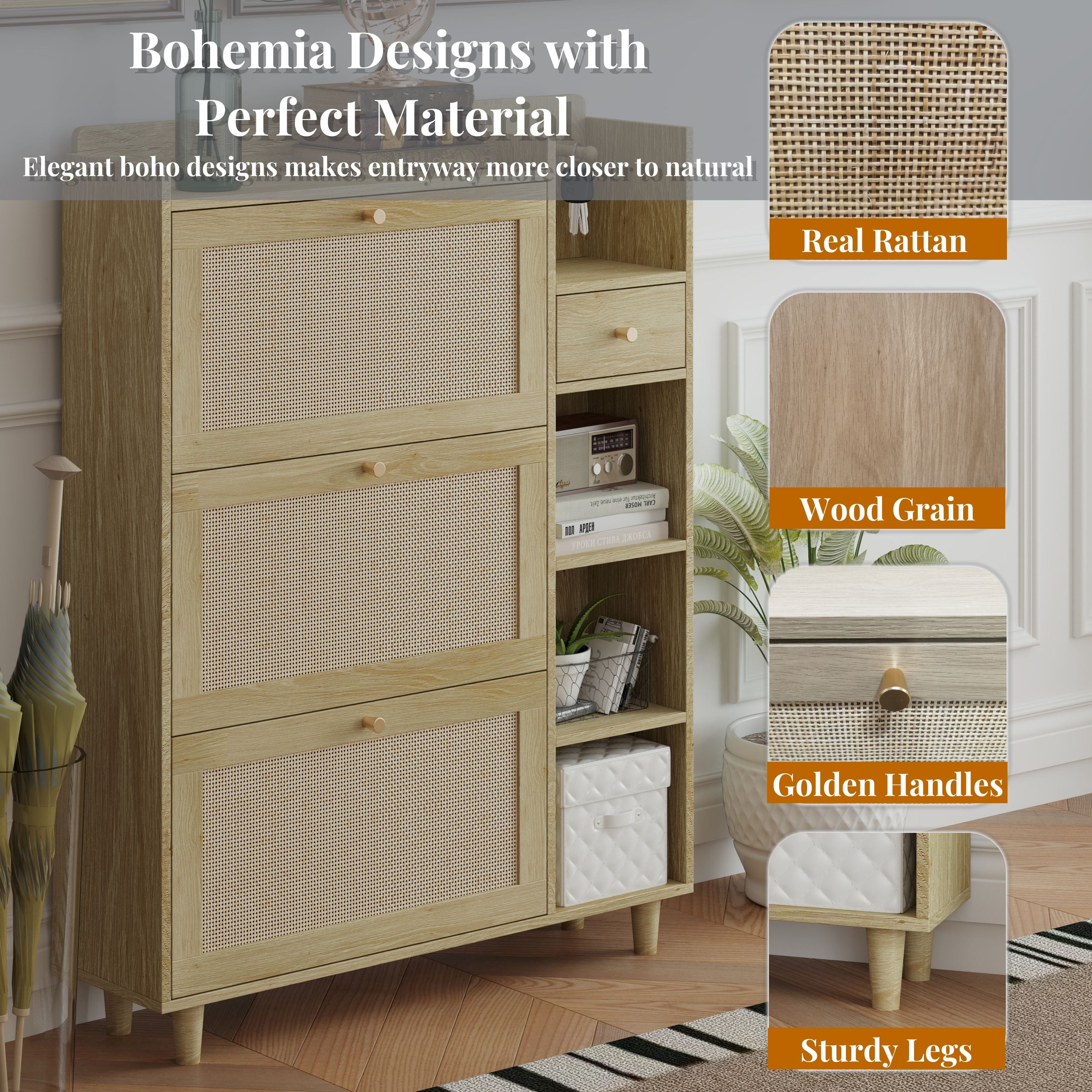 Natural Bohemia Style Shoe Cabinet, Shoe Rack Cabinet With 3 Rattan Flip Drawers, 3 Square Shelves And 1 Storage Drawer, Shoe Organizer With Mulit Storage Space And Hooks For Hallway, Entryway