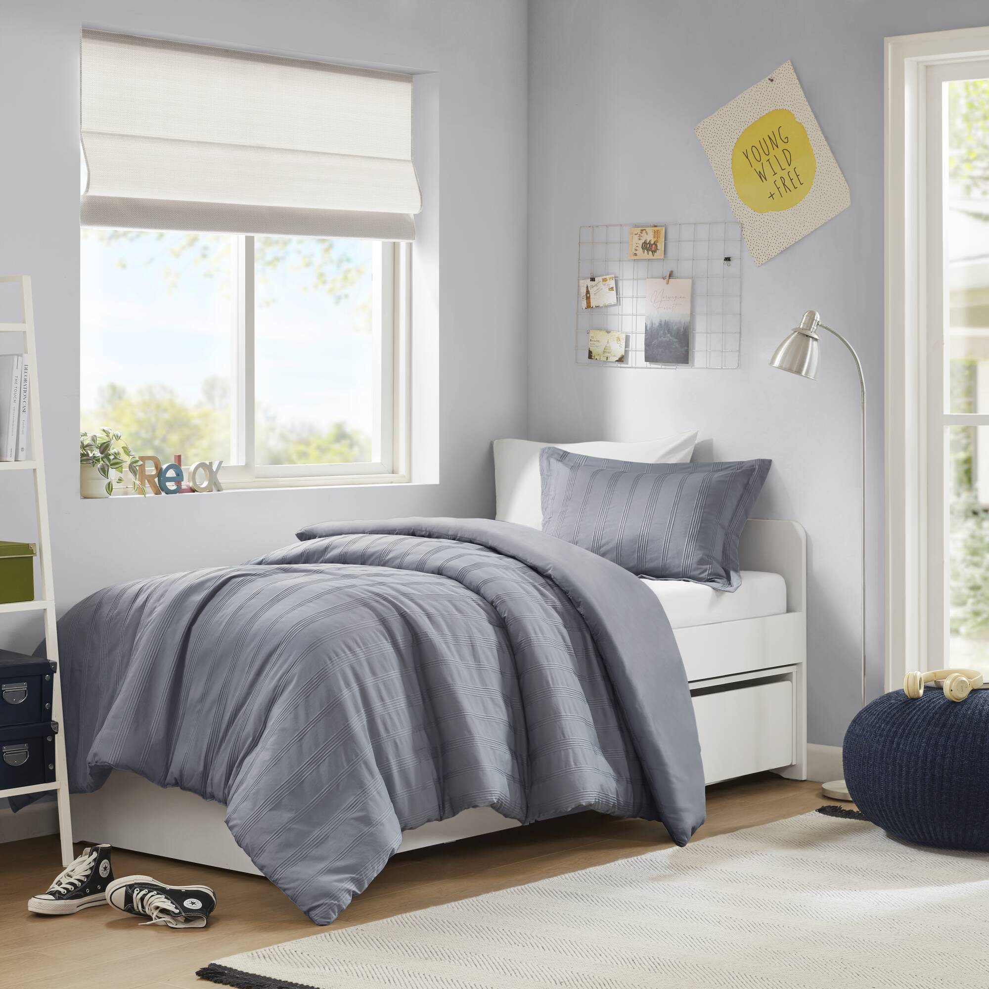 Logan - Twin/Twin Long Striped Duvet Set - Blue/Gray