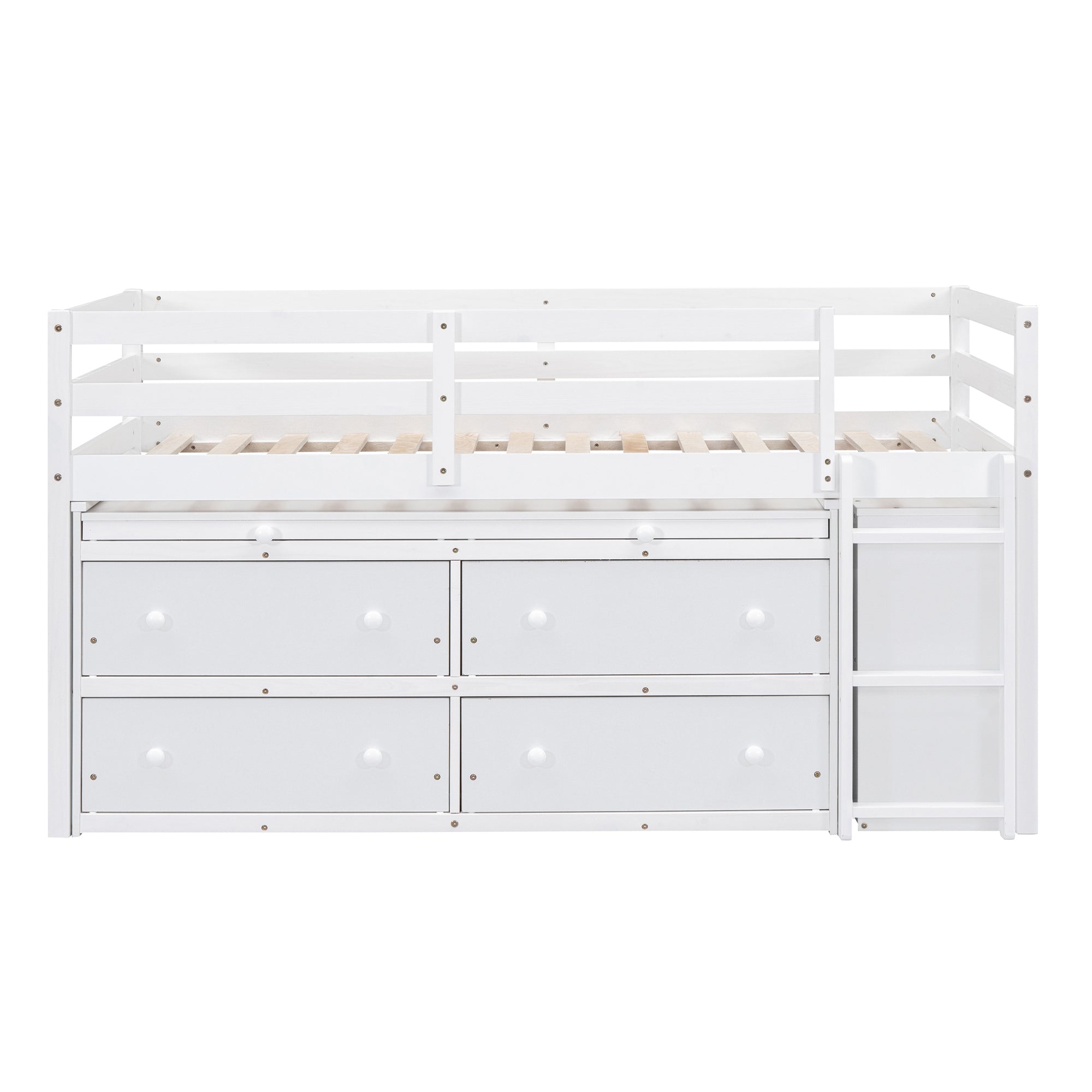 Twin Size Loft Bed with Retractable Writing Desk and 4 Drawers, Wooden Loft Bed with Lateral Portable Desk and Shelves, White