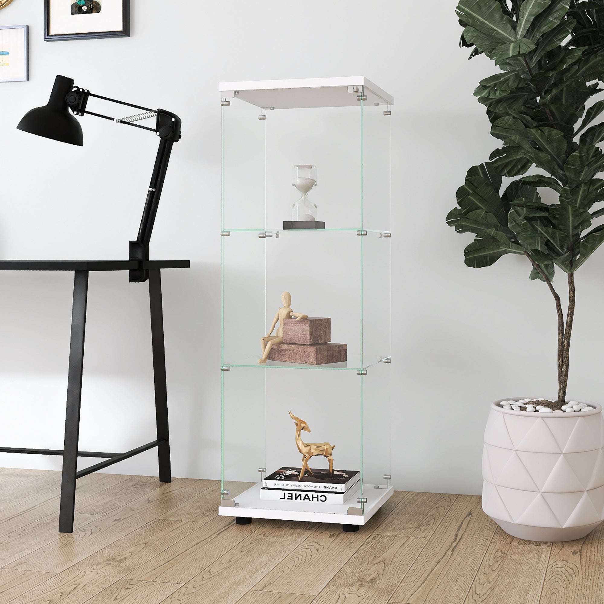 Glass Display Cabinet with 3 Shelves, One-Door Curio Cabinets for Living Room, Bedroom, Office, White Floor Standing Glass Bookshelf, Quick Installation