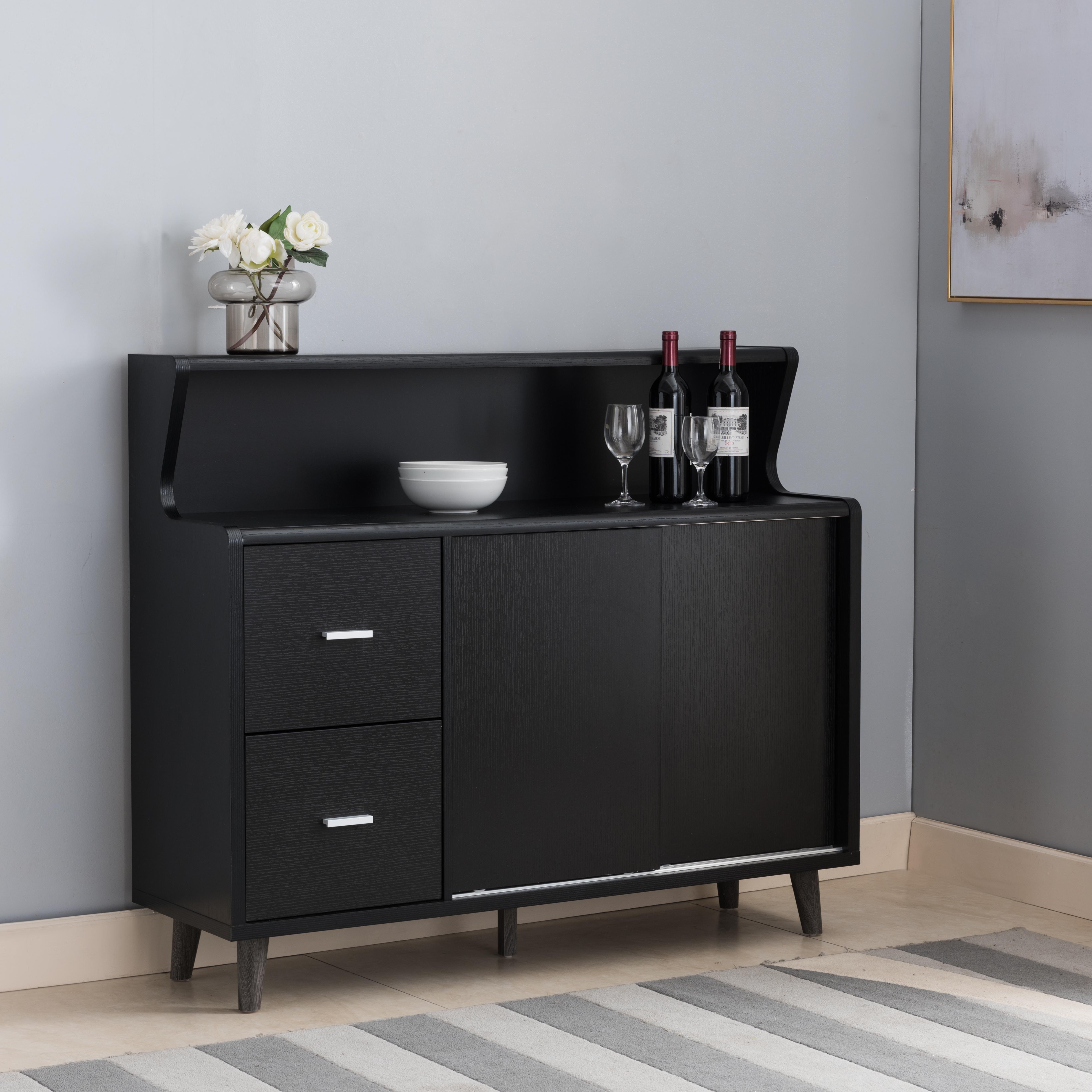 Buffet Cabinet, Coffee Bar With Storage Compartments, Two Drawers, Shelving With Sliding Door - Black