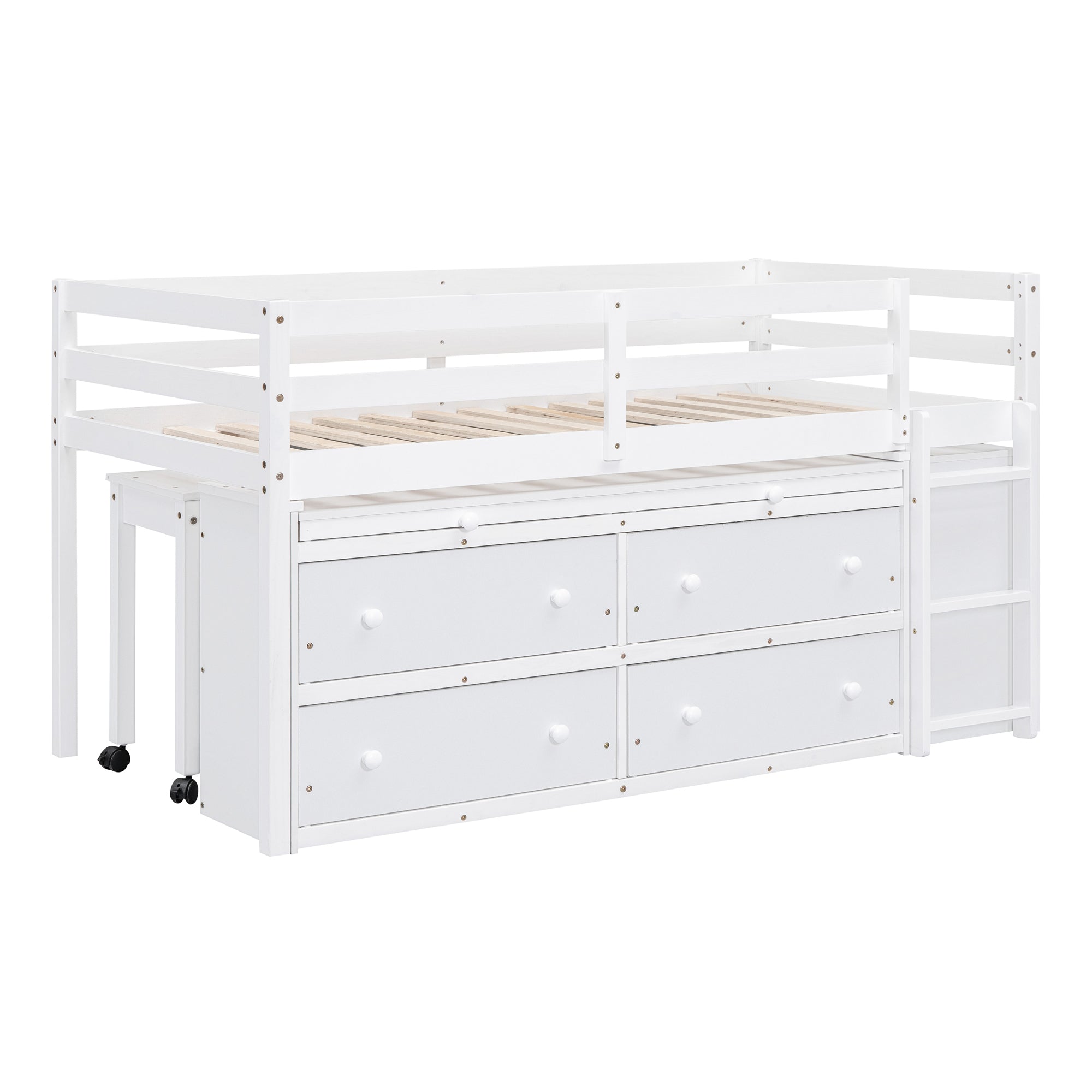 Twin Size Loft Bed with Retractable Writing Desk and 4 Drawers, Wooden Loft Bed with Lateral Portable Desk and Shelves, White