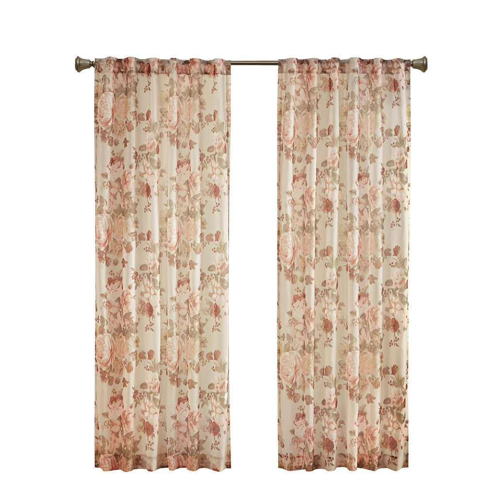 Printed Floral Rod Pocket and Back Tab Voile Sheer Curtain