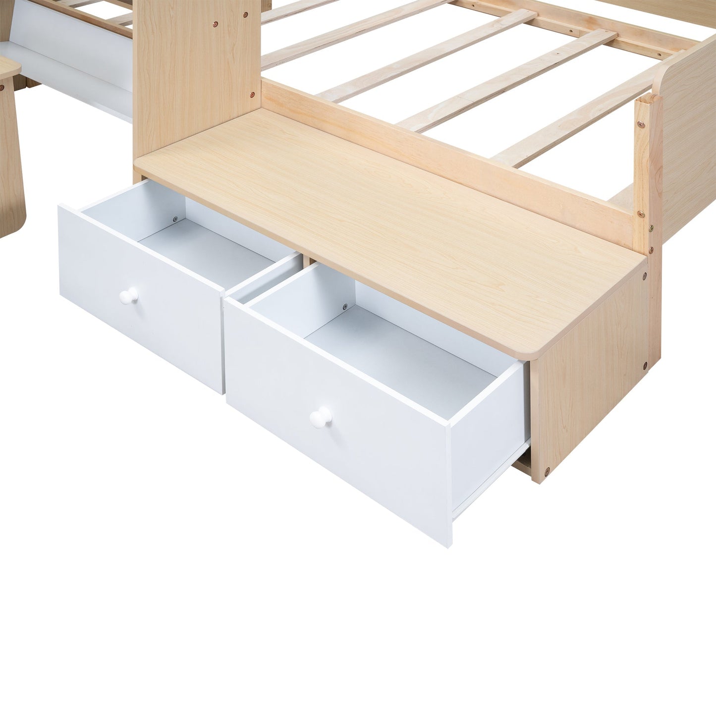 Wood Twin Size Platform Bed with 2 Drawers and 1 Chair&Desk Set, Natural+White