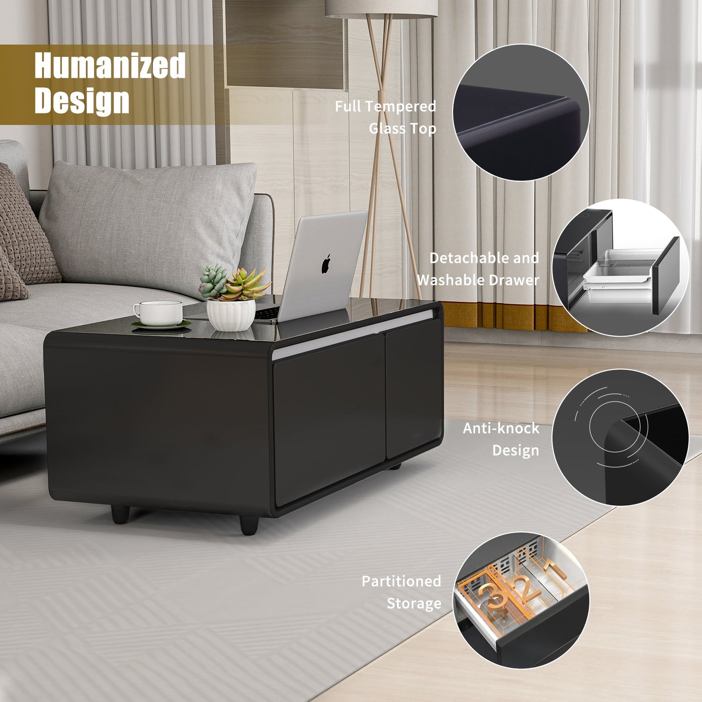 Modern Smart Coffee Table with Built-in Fridge, Wireless Charging, Power Socket, USB Interface, Outlet Protection, Mechanical Temperature Control and Ice Water Interface, Black