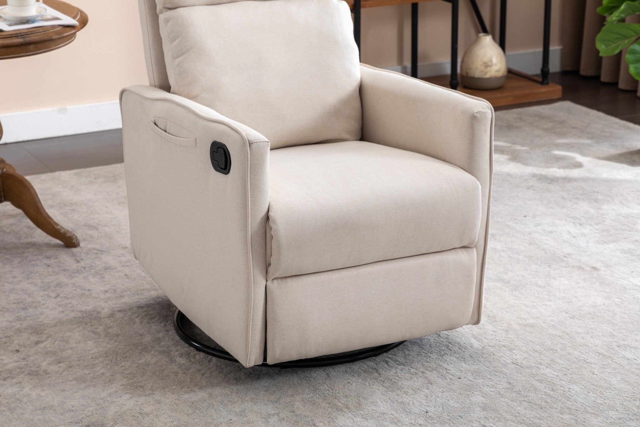 038-Cotton Linen Fabric Swivel Rocking Chair Glider Rocker Recliner Nursery Chair With Adjustable Back And Footrest For Living Room Indoor,Beige