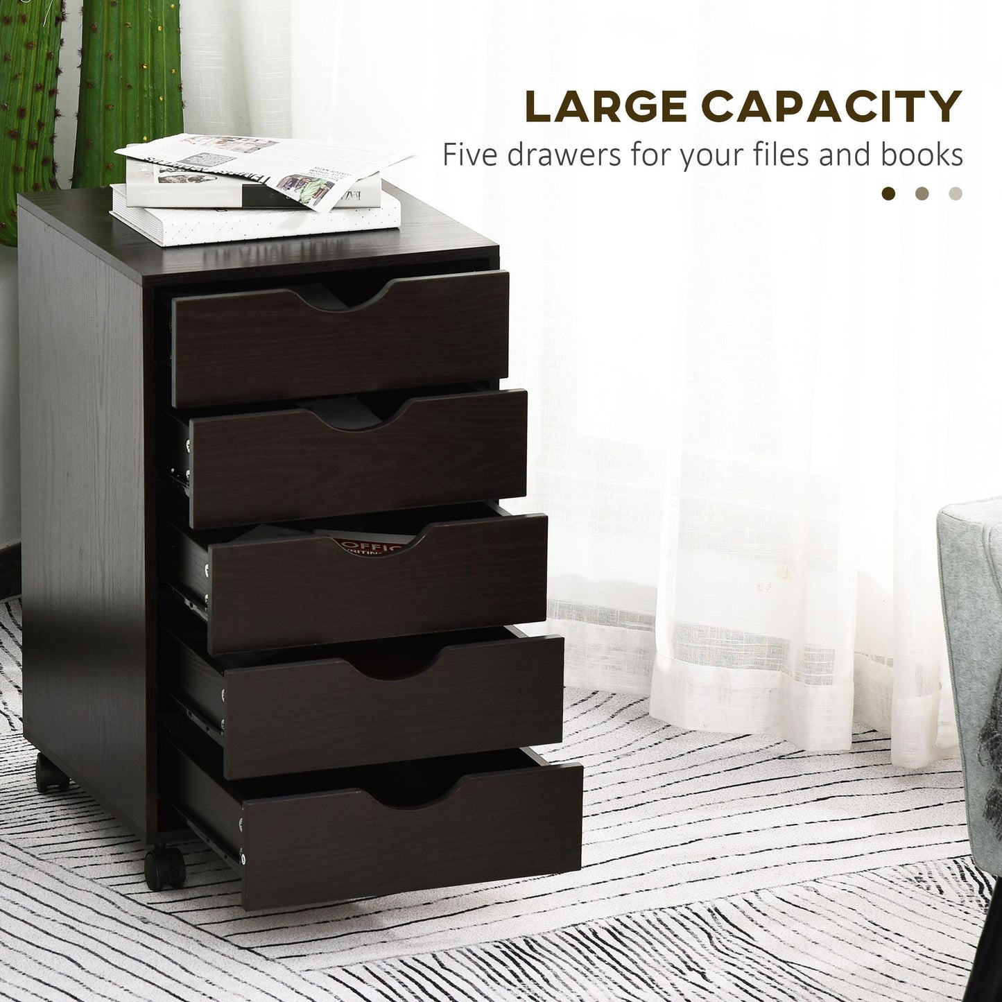 5 Drawer File Cabinet Storage Organizer Filing Cabinet with Nordic Minimalist Modern Style & Wheels, Brown