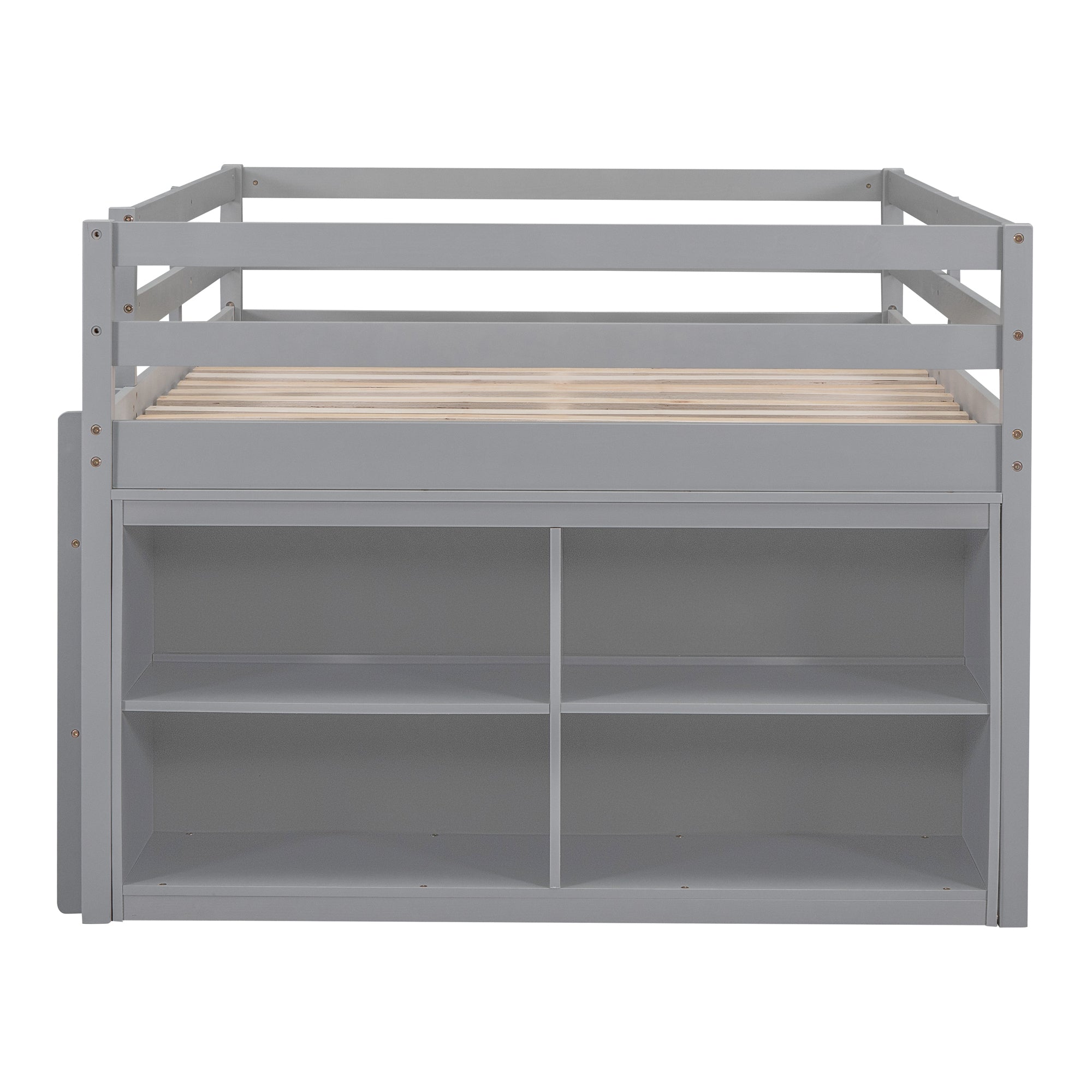 Full Size Loft Bed with Retractable Writing Desk and 4 Drawers, Wooden Loft Bed with Lateral Portable Desk and Shelves, Gray