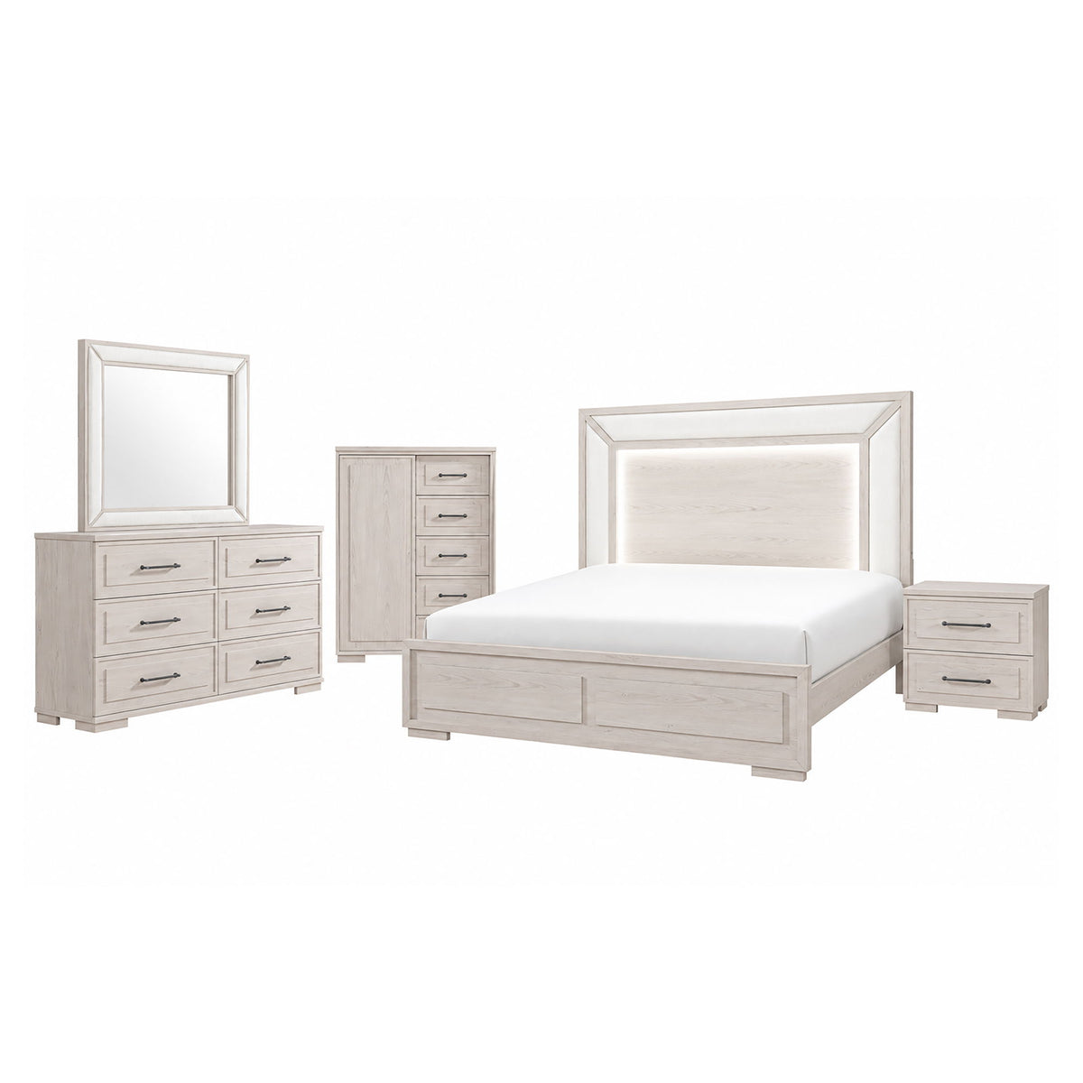 Ciara - King 5 Piece Bedroom Set With LED Lighting, Clean Lines And Upholstered Mirror - Beige