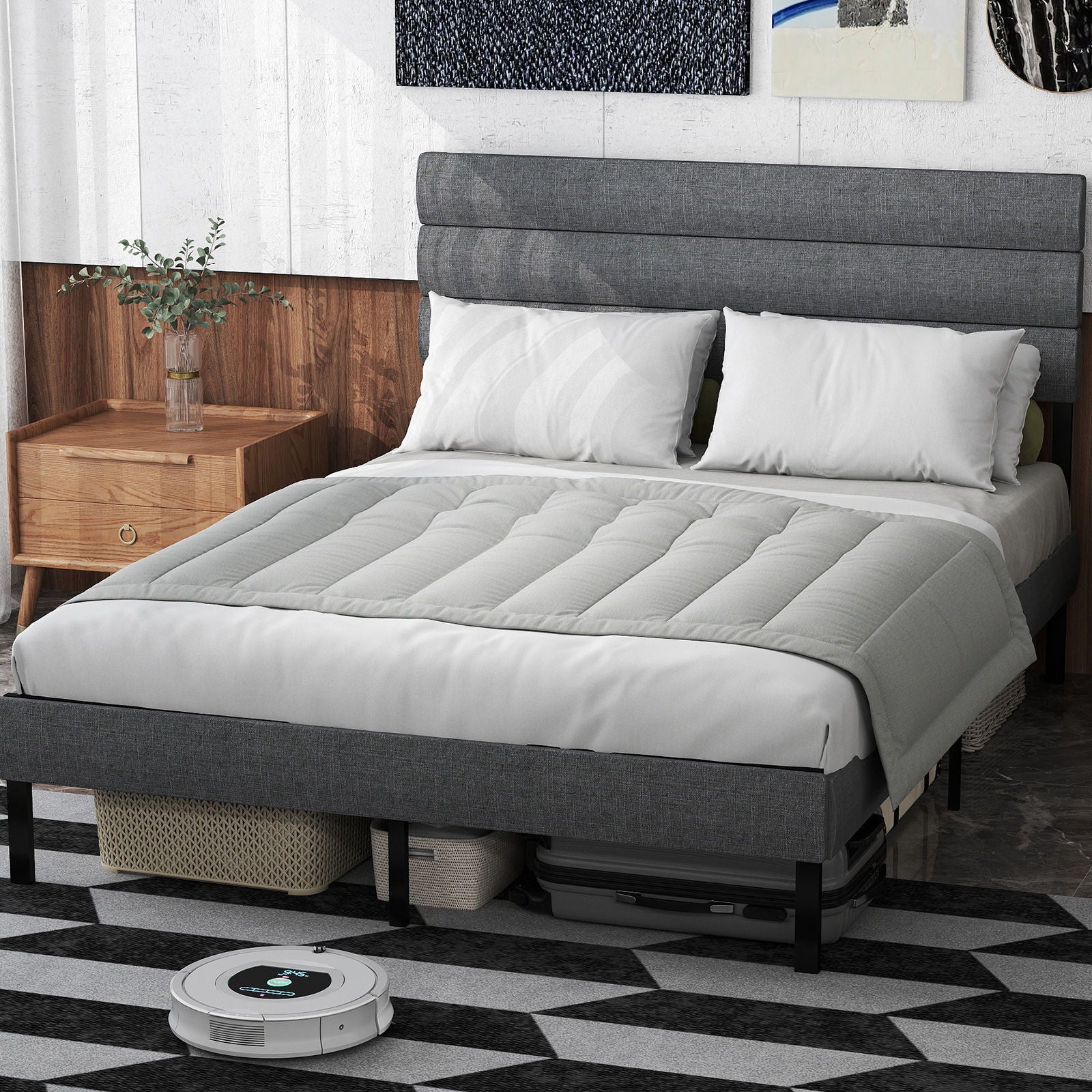 Upholstered Platform Bed Frame With Headboard, No Box Spring Needed, Underbed Storage