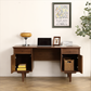 Black Walnut Desk with Natural Rattan Net - Large Home Office Workstation with Storage 57.09 inch
