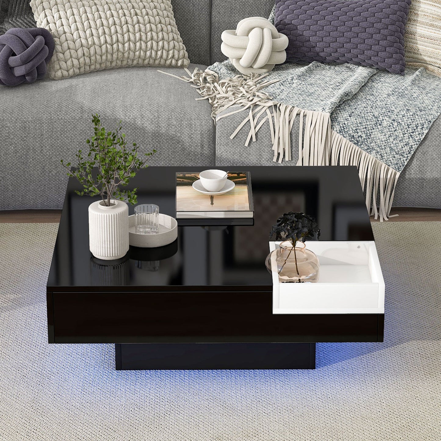 Modern Minimalist Design 31.5*31.5in Square Coffee Table with Detachable Tray and Plug-in 16-color LED Strip Lights Remote Control for Living Room (OLD SKU: WF291303AAB )