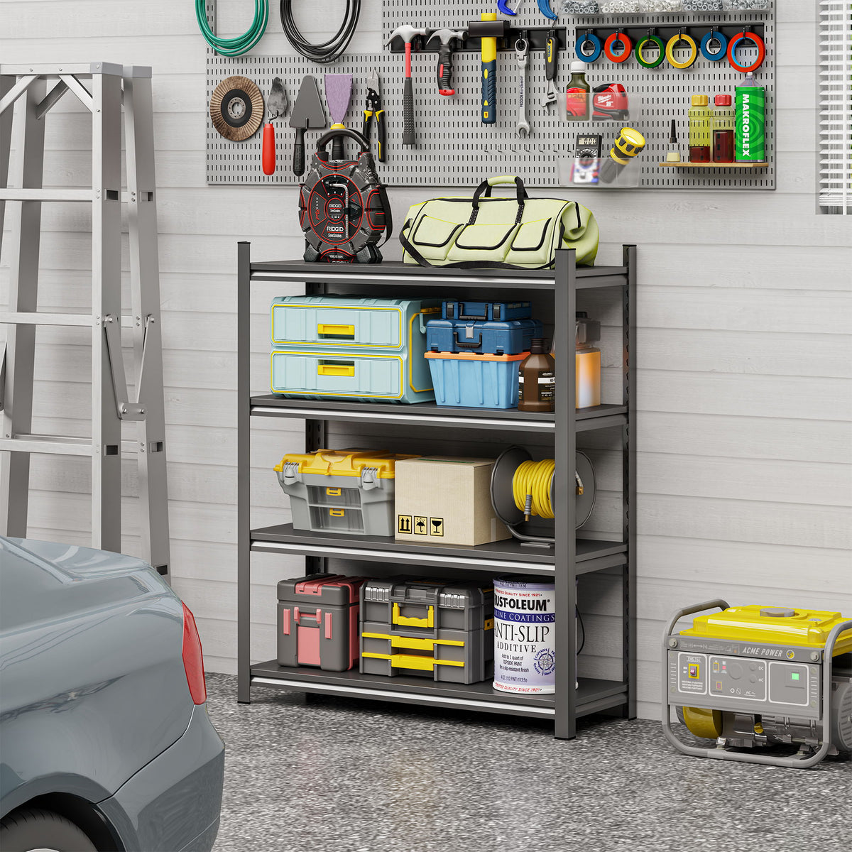 4 Layer Metal Storage Rack, Garage Shelves, Adjustable Height Partition - Black