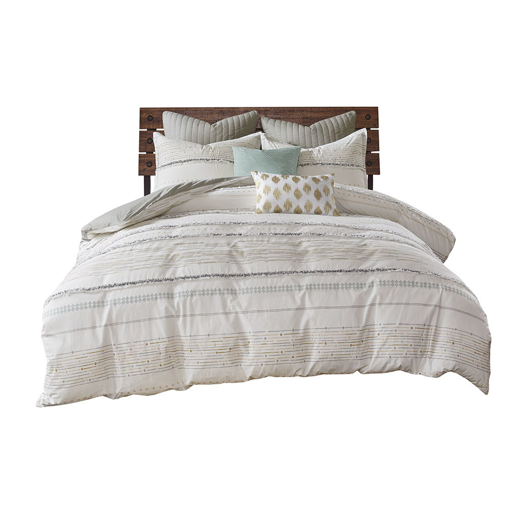 Nea - Printed Duvet Cover Set With Trims - Off White / Gray