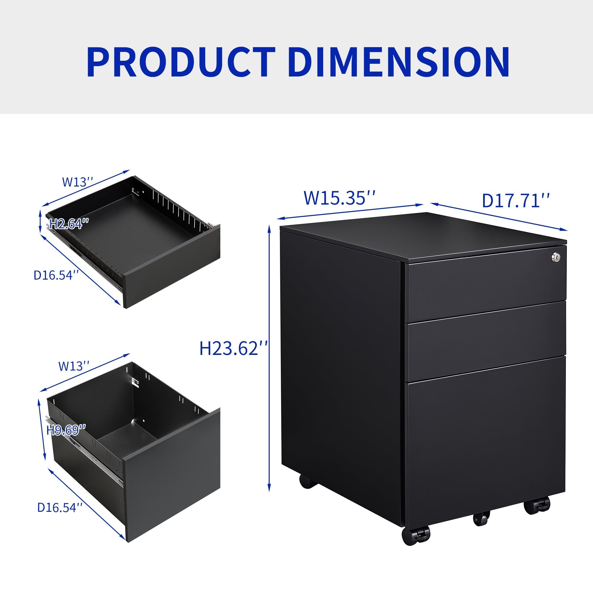 3 Drawer Mobile File Cabinet with Lock Steel File Cabinet for Legal/Letter/A4/F4 Size, Fully Assembled Include Wheels, Home/ Office Design