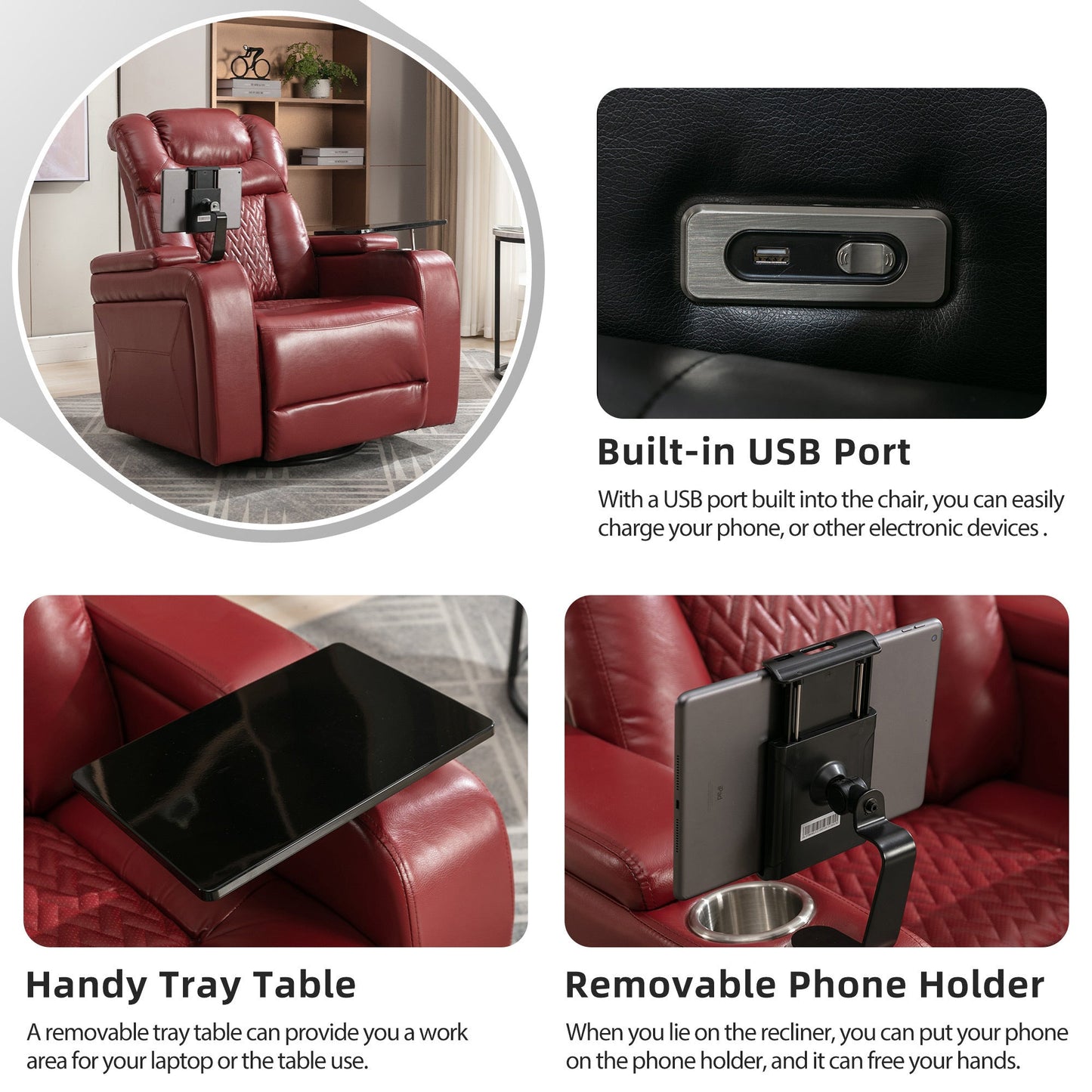 270 Degree Swivel PU Leather Power Recliner Individual Seat Home Theater Recliner with  Comforable Backrest, Tray Table,  Phone Holder, Cup Holder,  USB Port, Hidden Arm Storage for Living Room, Red