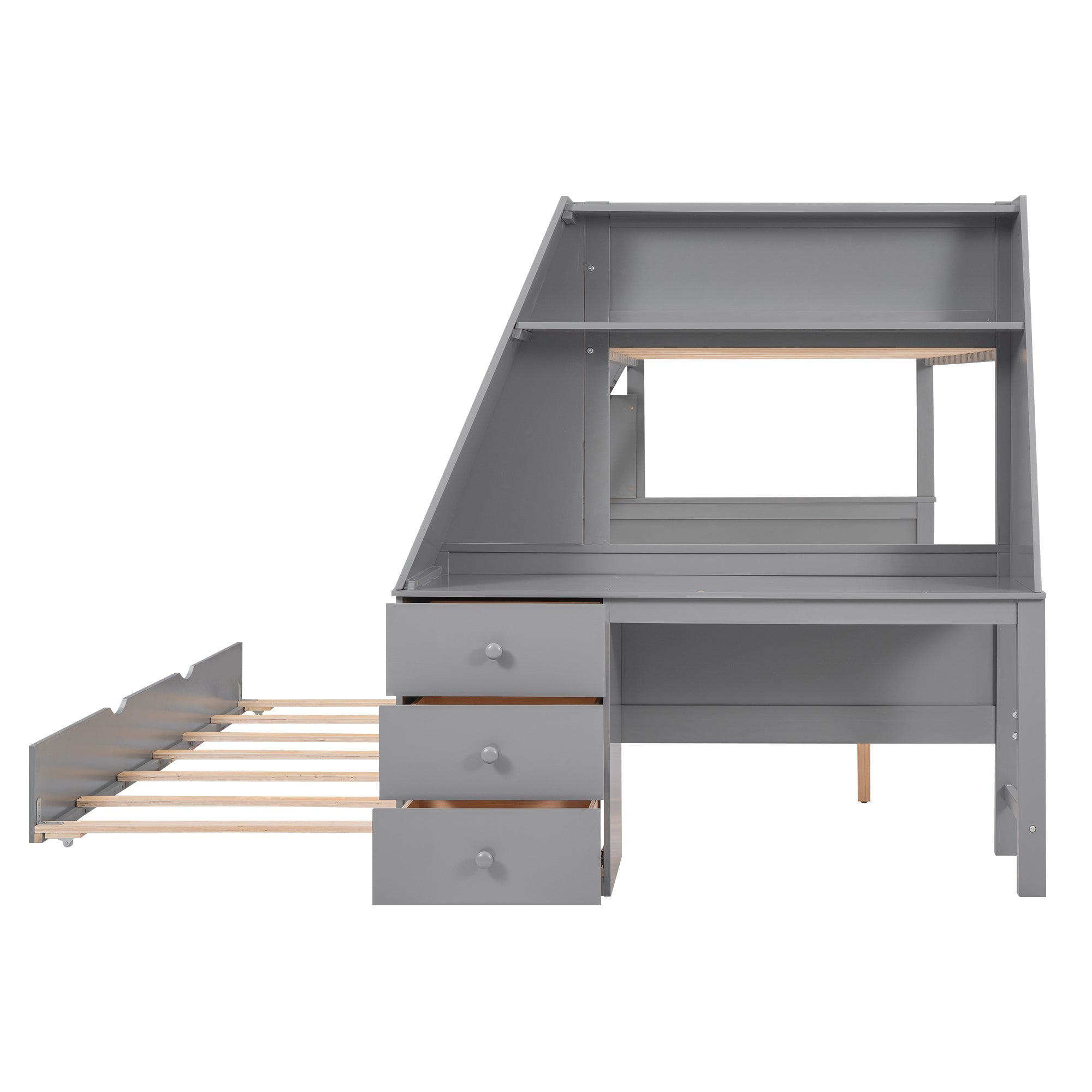 Twin over Full Bunk Bed with Trundle and Built-in Desk, Three Storage Drawers and Shelf,Gray