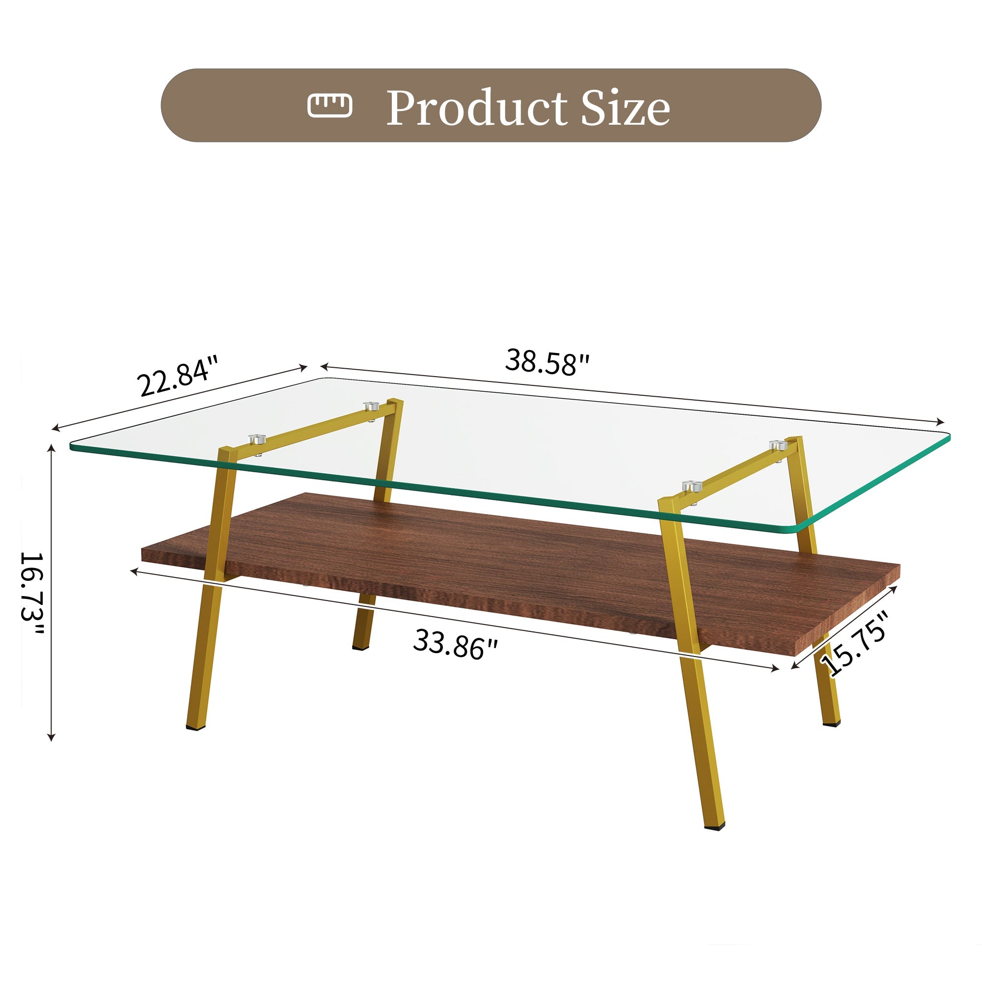 Rectangle Coffee Table, Tempered Glass Tabletop with Gold Metal Legs, Modern Table for Living Room , Transparent Glass