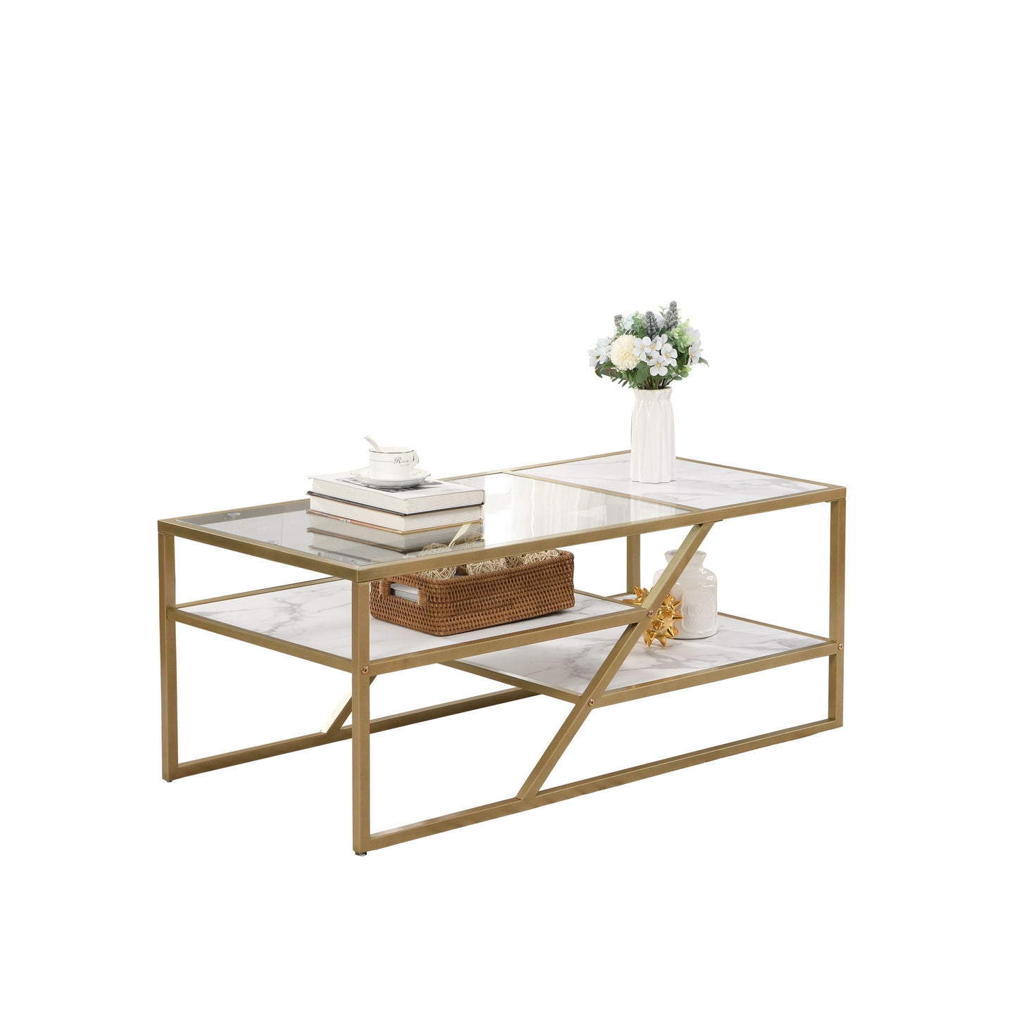 Golden Coffee Table with Storage Shelf, Tempered Glass Coffee Table with Metal Frame for Living Room&Bedroom