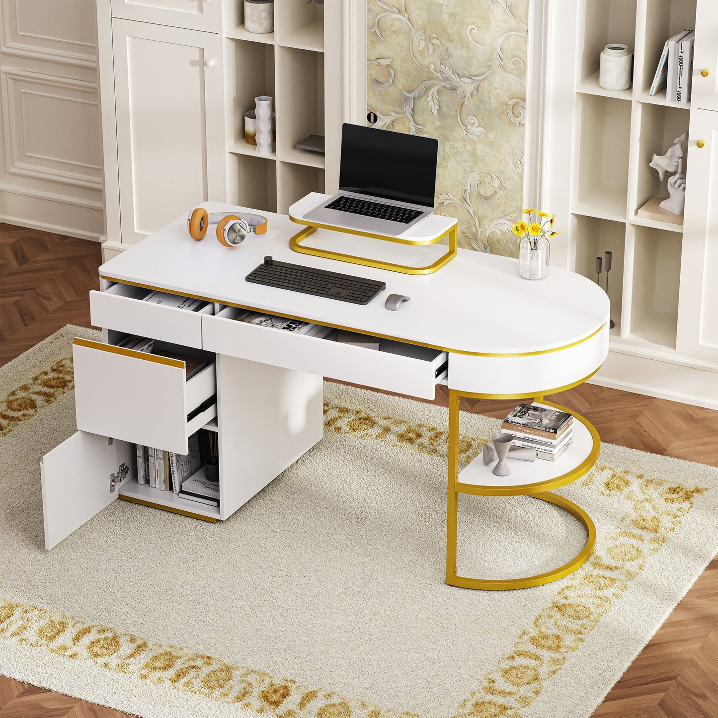 Modern 60'' Executive Desk and 74.8"Tall Corner Bookshelf Suite,Curved Computer Desk with Metal Legs,Fan-Shaped and Wooden Standing bookcase with Drawer,Doors for Home Office,Living Room,Gold+White