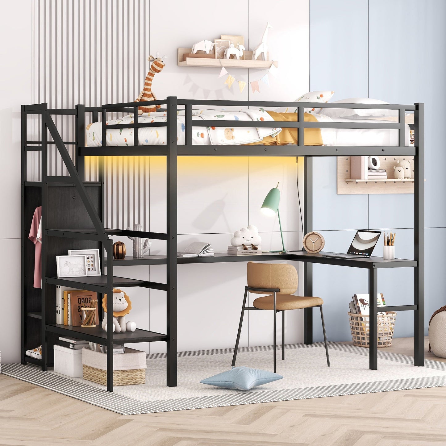 Full Size Loft Bed with L-shaped Desk and USB, Metal Loft Bed with Wardrobe and Adjustable Shelf, High Loft Bed with LED for Kids Teens Adults, Black