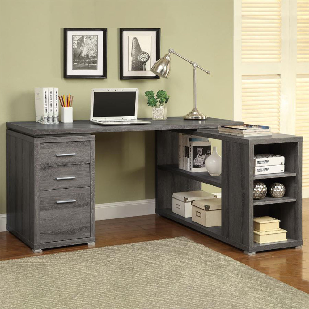 L-Shape Office Desk With Drawers and Shelves, Weathered Grey