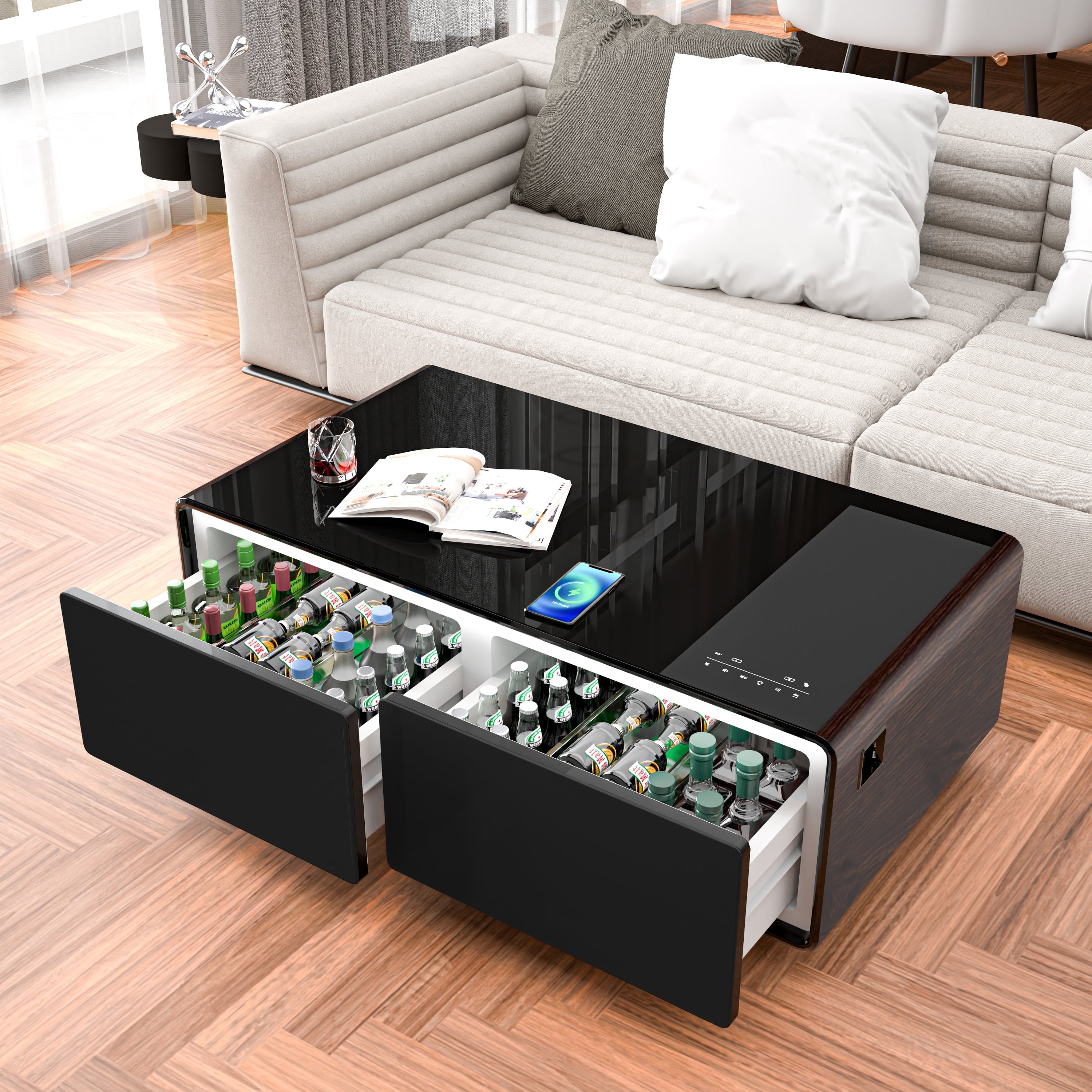 Modern Smart Coffee Table with Built-in Fridge, Bluetooth Speaker, Wireless Charging Module, Touch Control Panel, Power Socket, USB Interface, Outlet Protection, Atmosphere light, and More, Brown