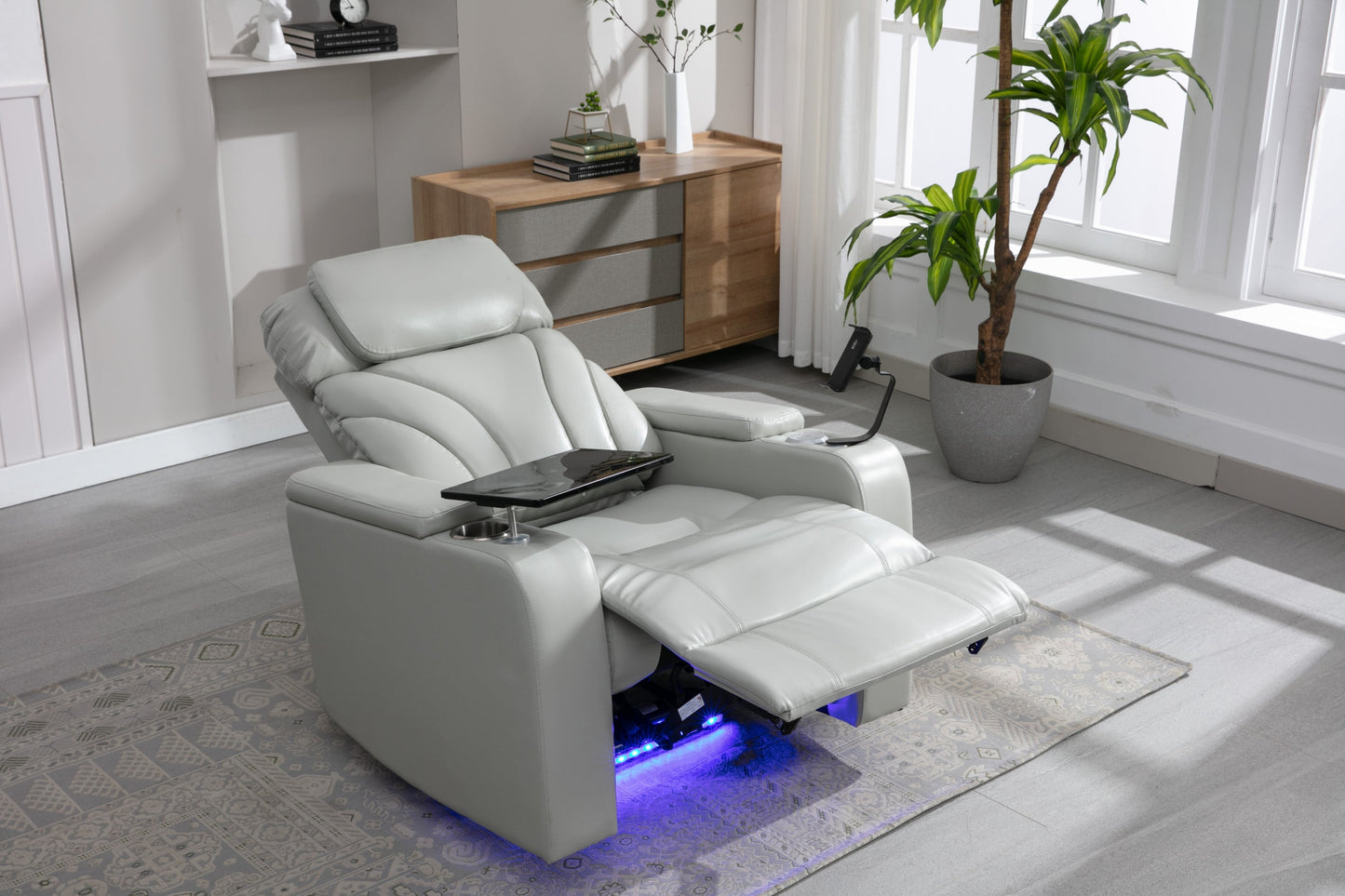 Power Motion Recliner with USB Charging Port and Hidden Arm Storage, Home Theater Seating with Convenient Cup Holder Design ,and stereo(light grey)