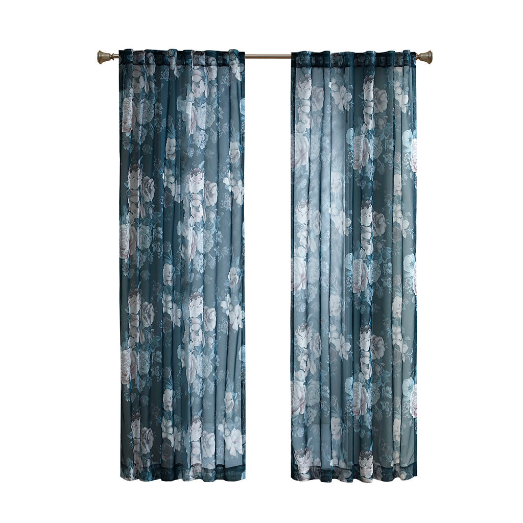 Printed Floral Rod Pocket and Back Tab Voile Sheer Curtain