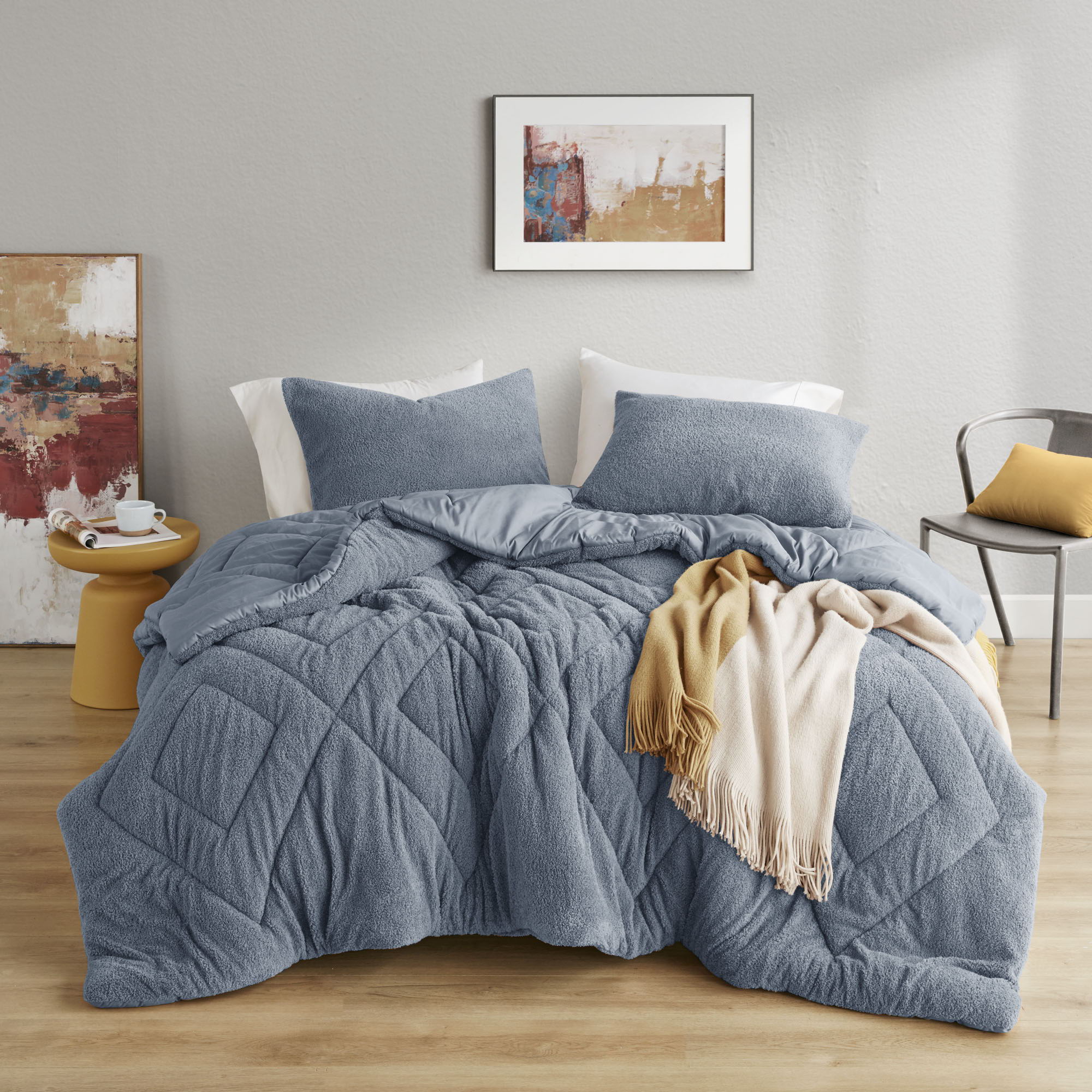 Kyla - King/California King Double Diamond Quilted Teddy Comforter Set - Blue