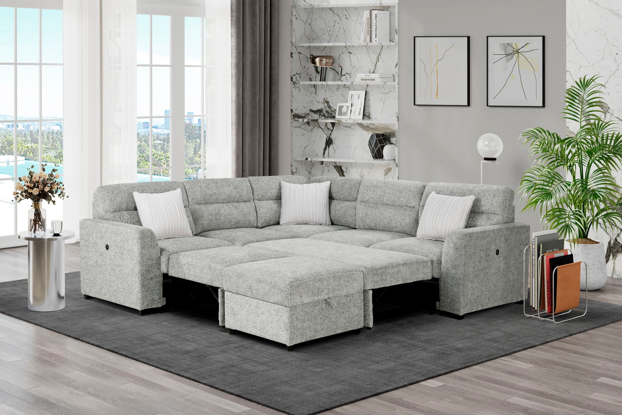 U9401 - Loveseat With Pullout Sofa Bed And 1 Pillow - Gray / Nickel