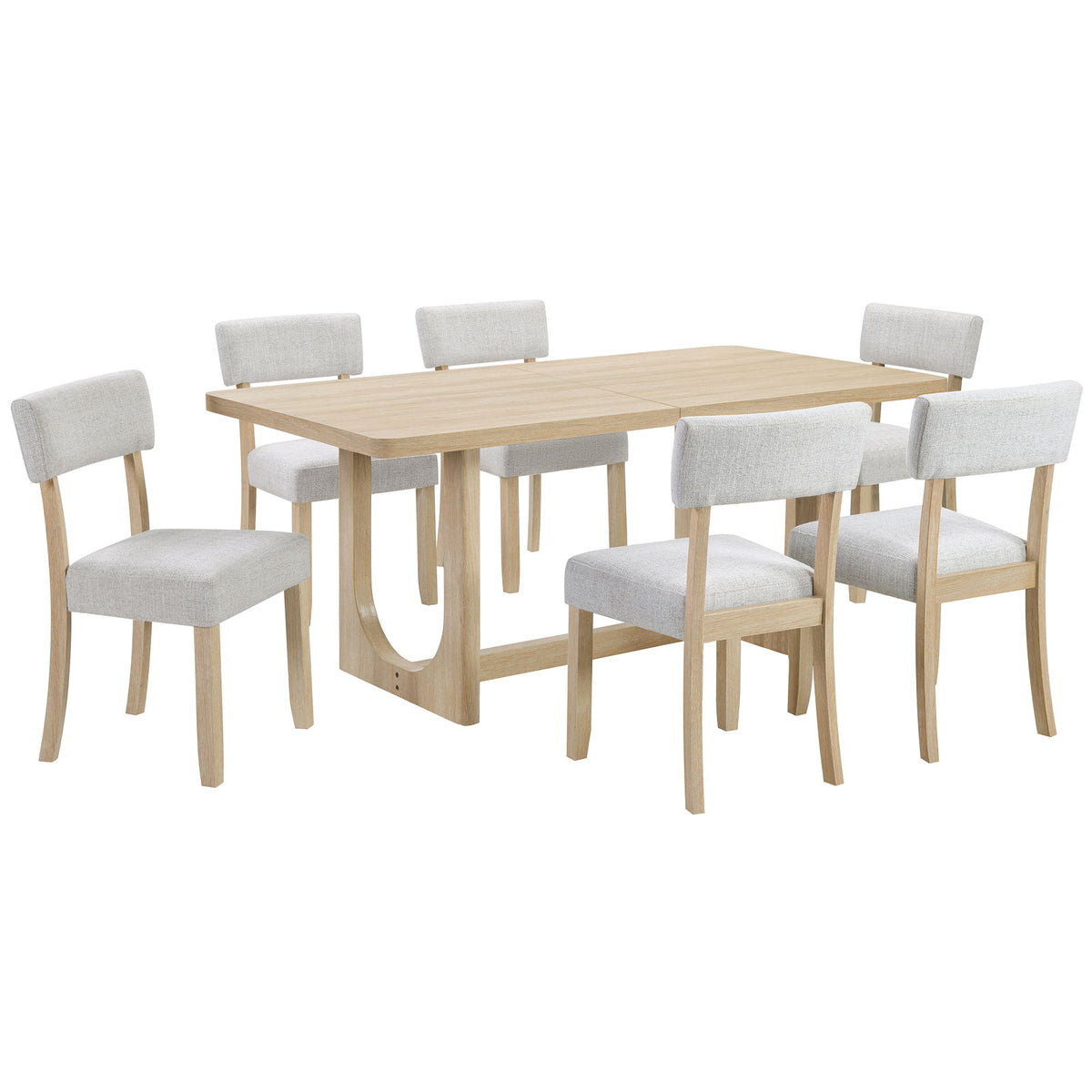 7 Piece Dining Table Set For 6, Rectangular Table & 6 Upholstered Chairs, Sturdy U - Shaped Base For Dining Room - Light Oak