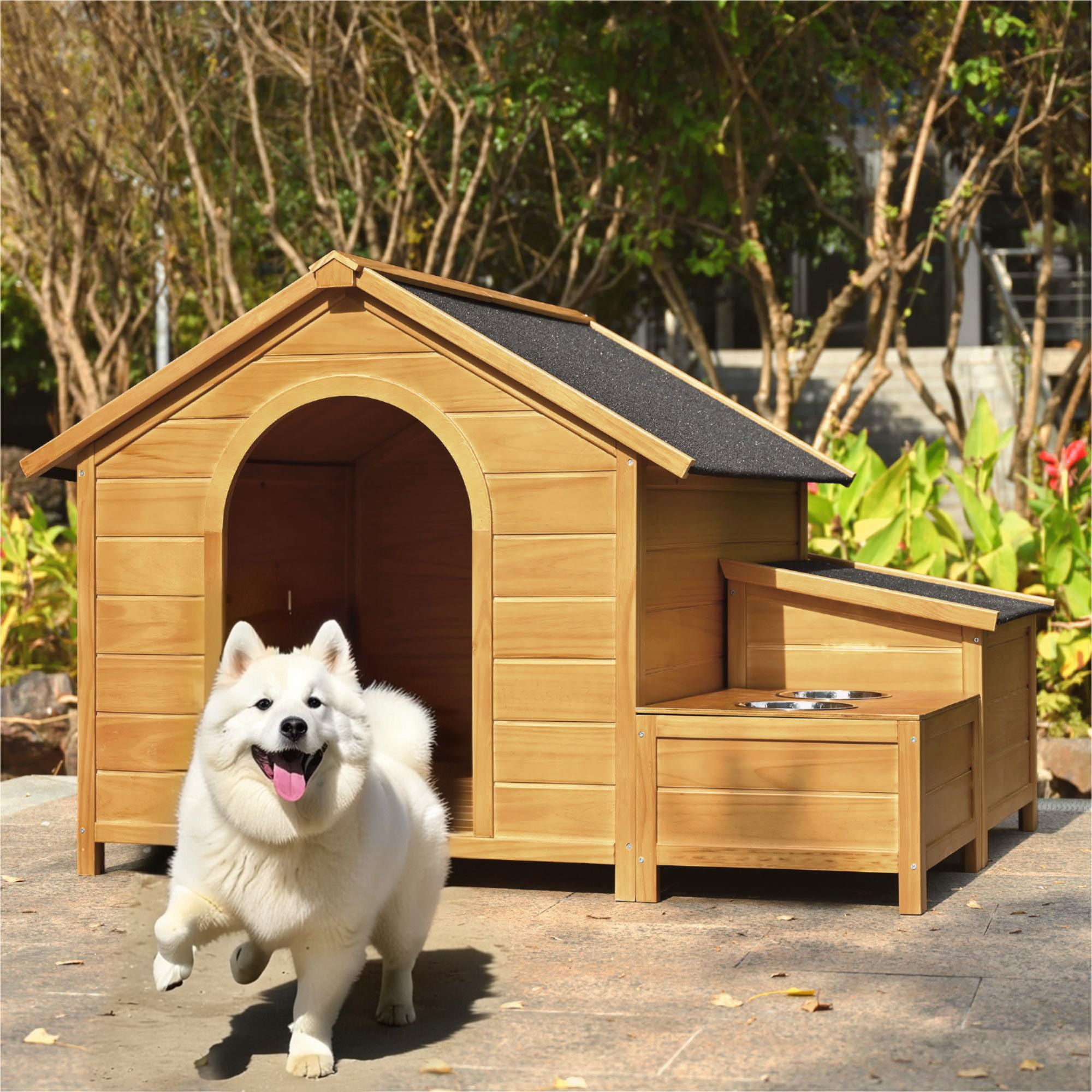 Large Size Wooden Dog House, Dog Crate For Large Dog Breeds, Cabin Style Raised Dog Shelter With Asphalt Roof, Solid Wood, Weatherproof - Nature