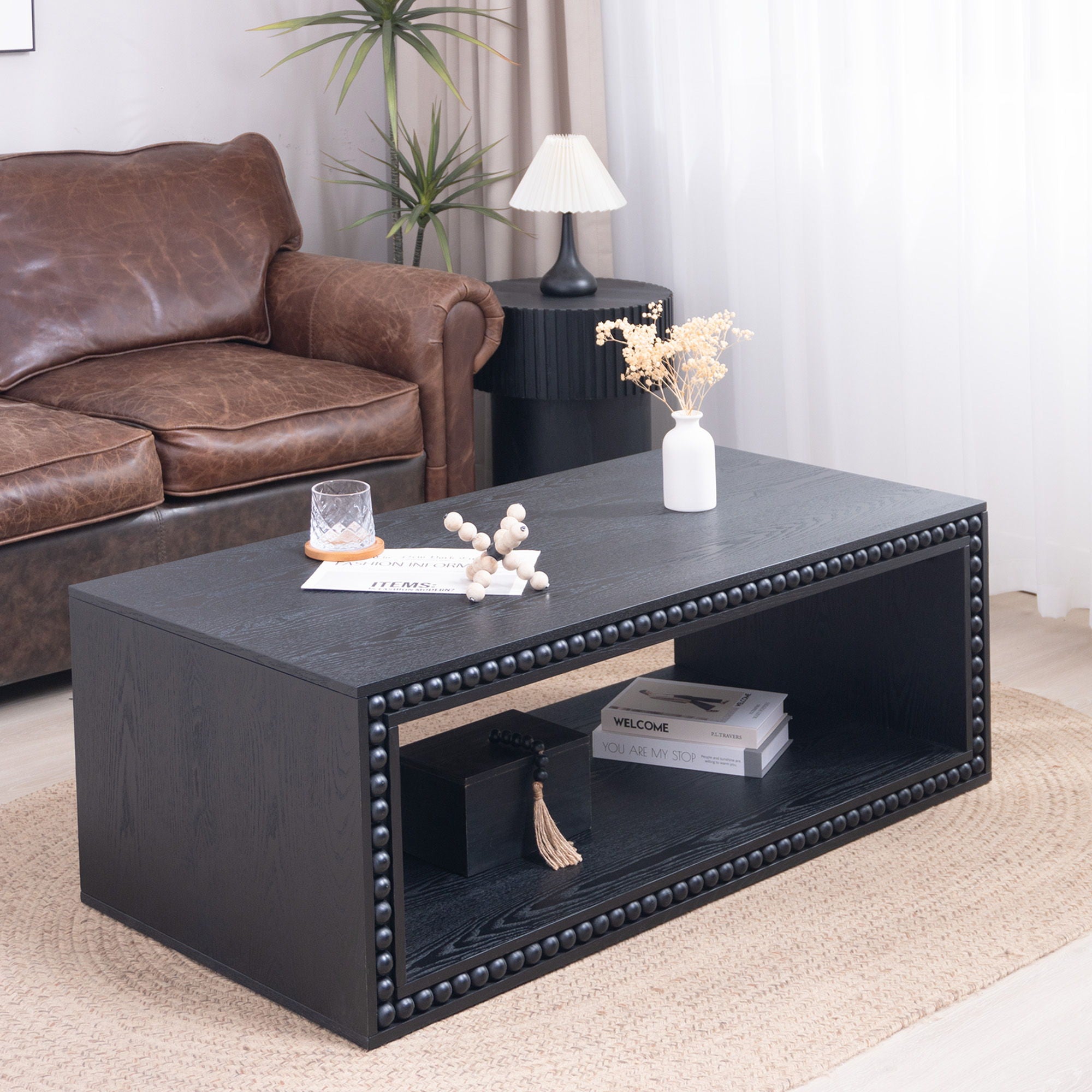 Beaded Edge Coffee Table, Rectangular Center Table With Open Storage Shelf - Black
