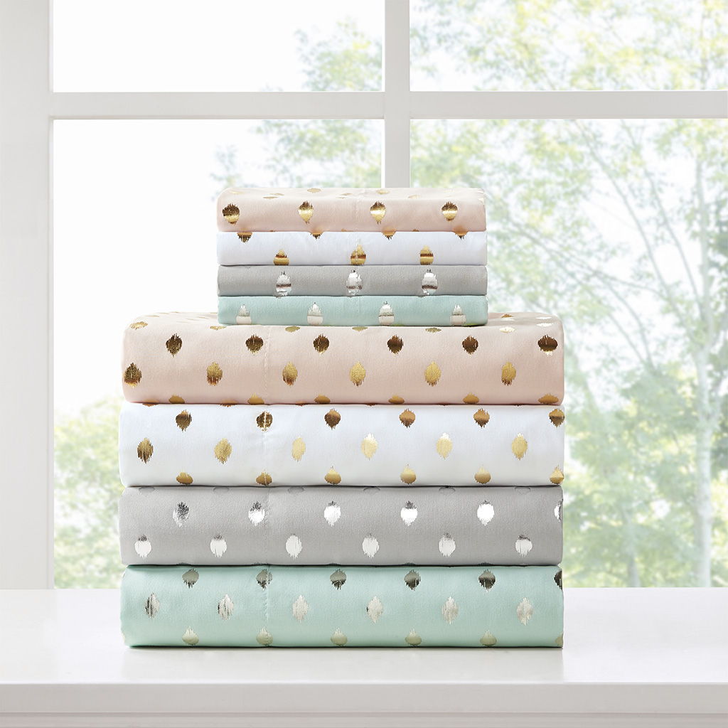 Metallic Dot - Twin Long Printed Sheet Set - White / Gold