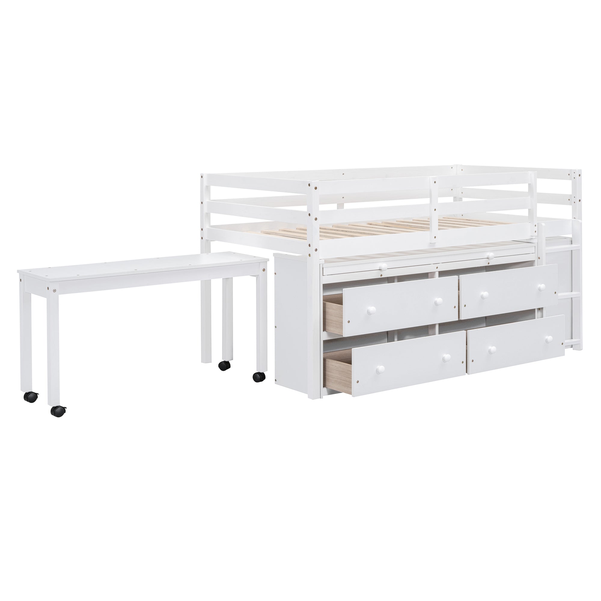 Twin Size Loft Bed with Retractable Writing Desk and 4 Drawers, Wooden Loft Bed with Lateral Portable Desk and Shelves, White